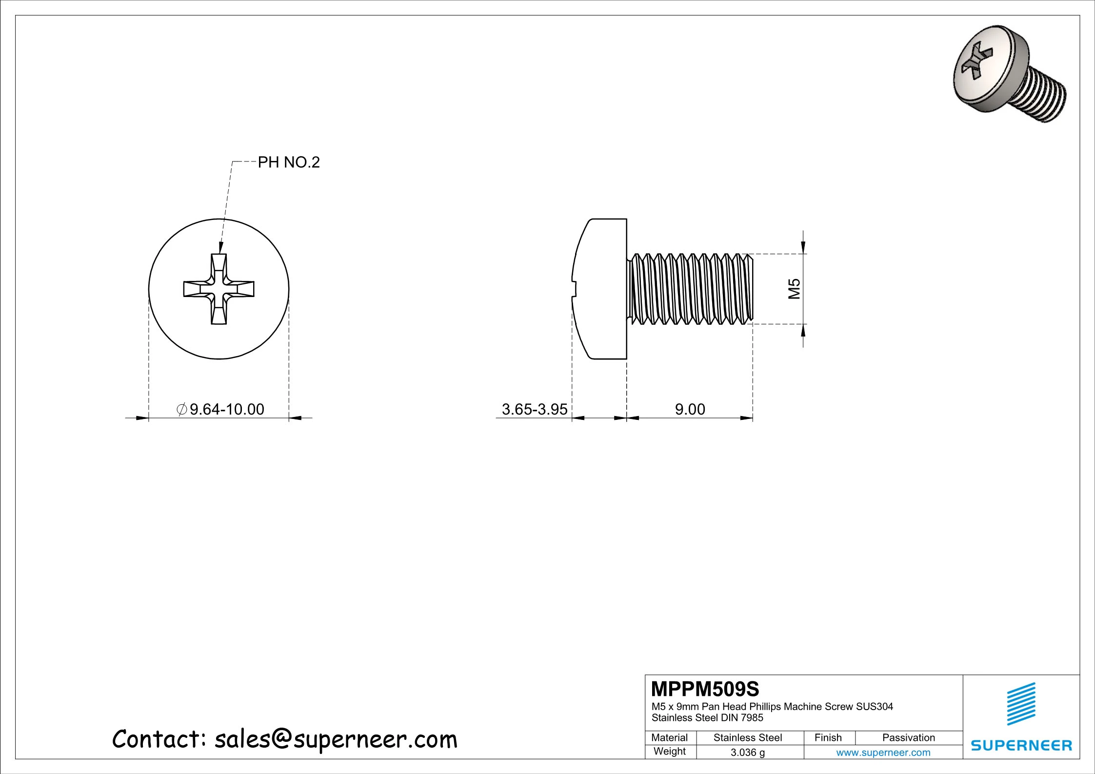M5 x 9 mm Phillips Pan Head Screw SUS304 Stainless Steel Inox DIN 7985