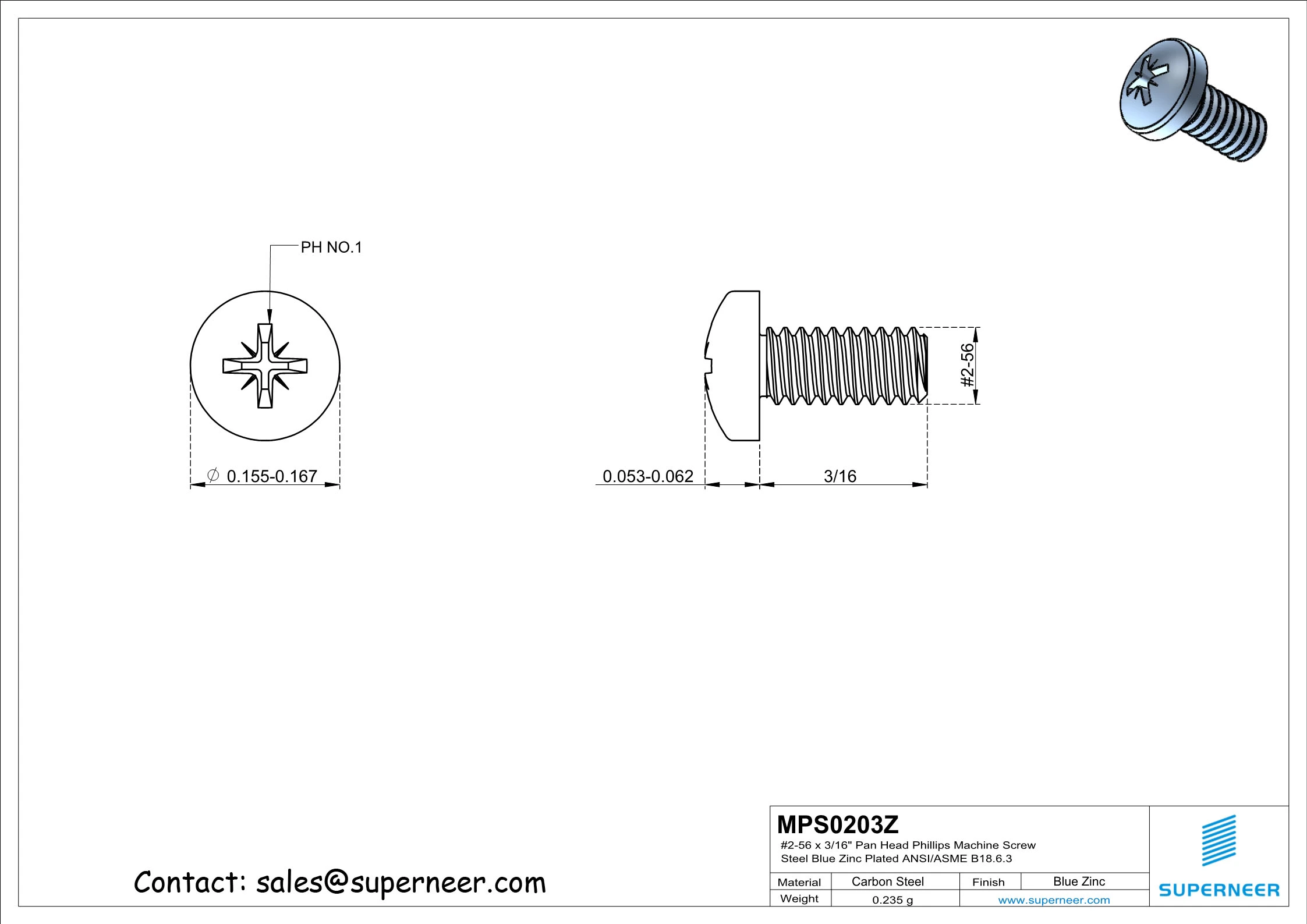 2-56 x 3/16" Pan Head Pozi Machine Screw Steel Blue Zinc Plated ANSI/ASME B18.6.3