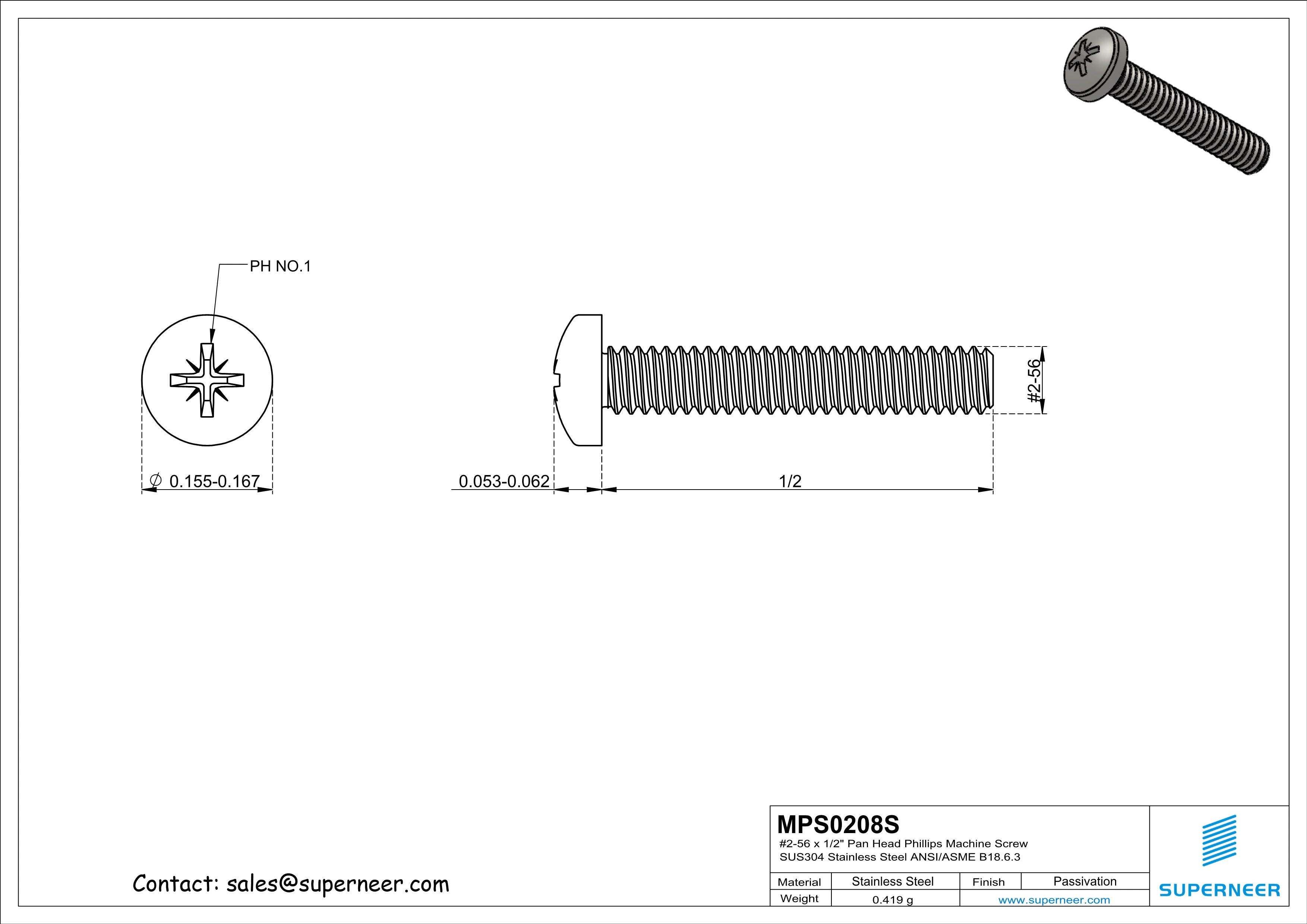 2-56 x 1/2" Pan Head Pozi Machine Screw SUS304 Stainless Steel Inox ANSI/ASME B18.6.3
