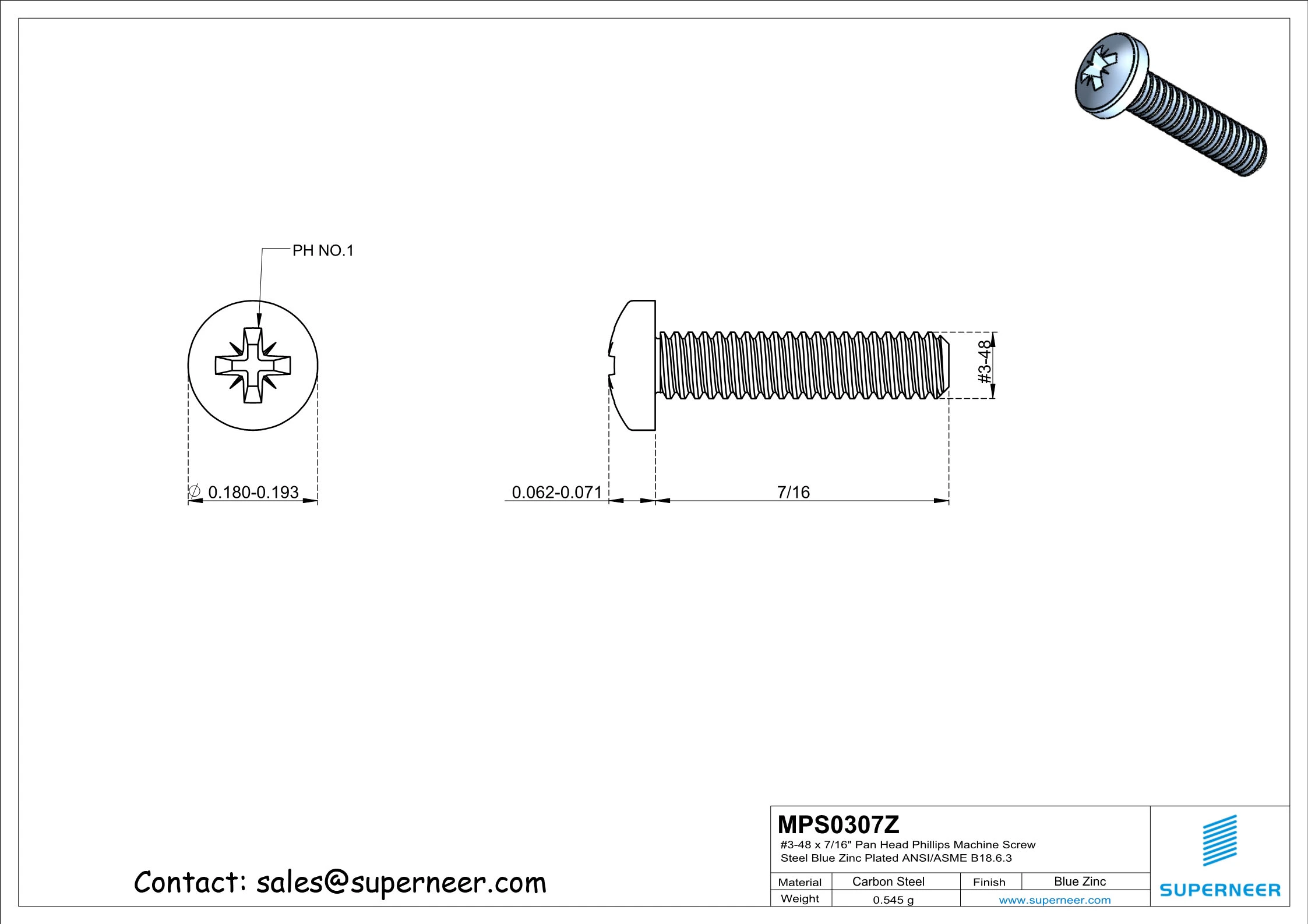 3-48 x 7/16" Pan Head Pozi Machine Screw Steel Blue Zinc Plated ANSI/ASME B18.6.3