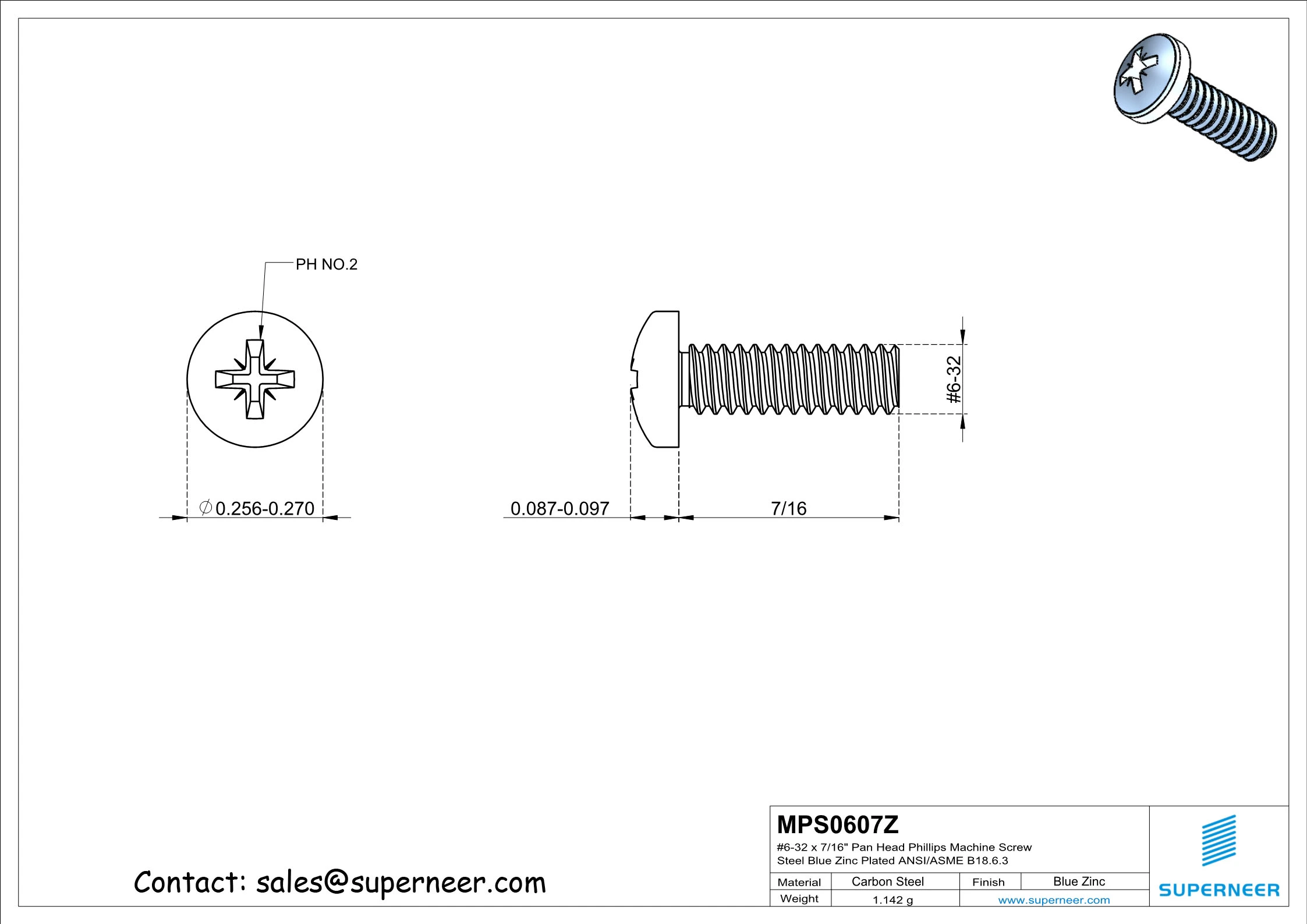 6-32 x 7/16" Pan Head Pozi Machine Screw Steel Blue Zinc Plated ANSI/ASME B18.6.3