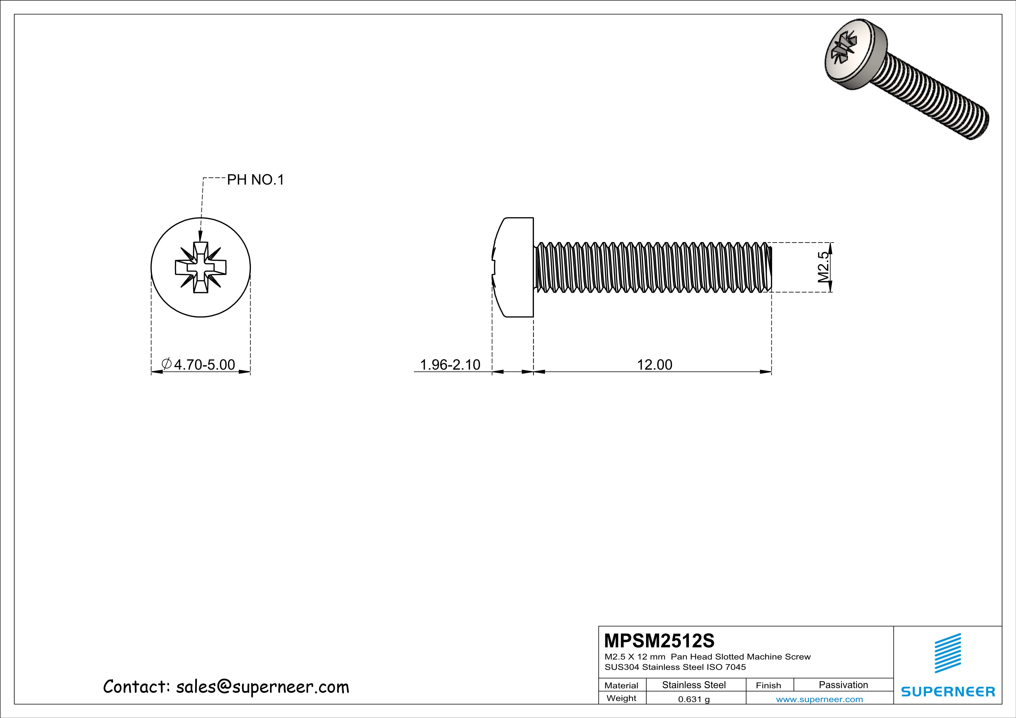 M2.5 x 12 mm  Pan Head Pozi Machine Screw SUS304 Stainless Steel Inox   ISO 7045