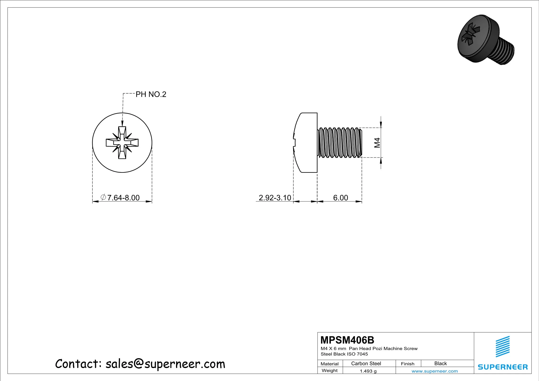 M4 x 6 mm Pan Head Pozi Machine Screw Steel Black ISO 7045