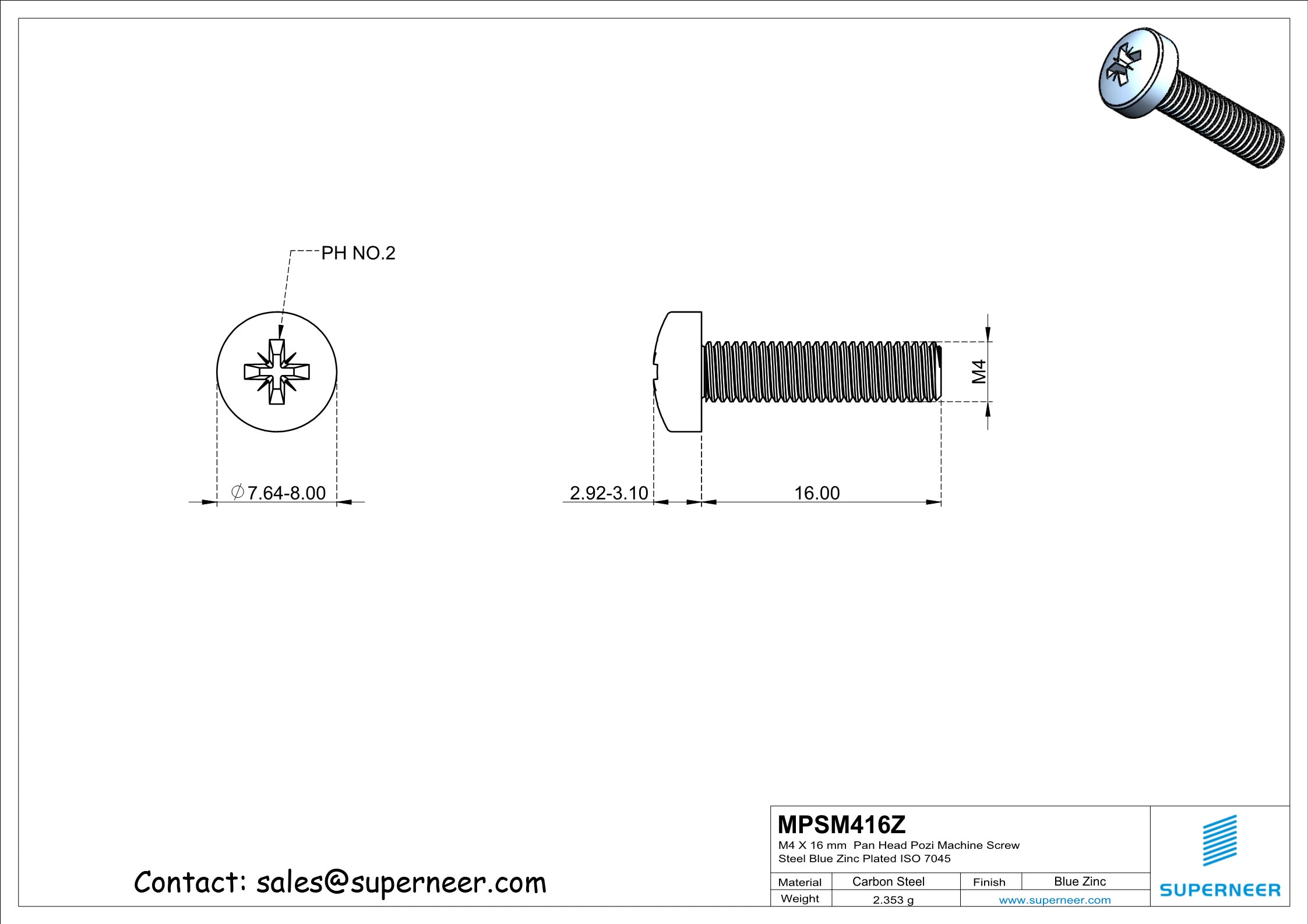 M4 x 16 mm Pan Head Pozi Machine Screw Steel Blue Zinc Plated ISO 7045