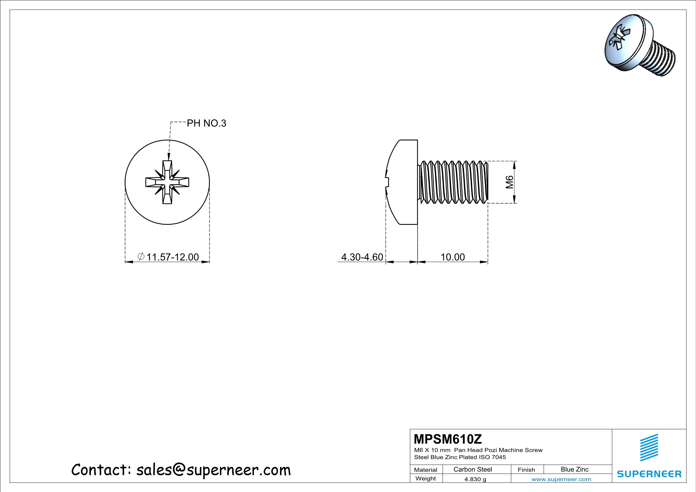 M6 x 10 mm Pan Head Pozi Machine Screw Steel Blue Zinc Plated ISO 7045