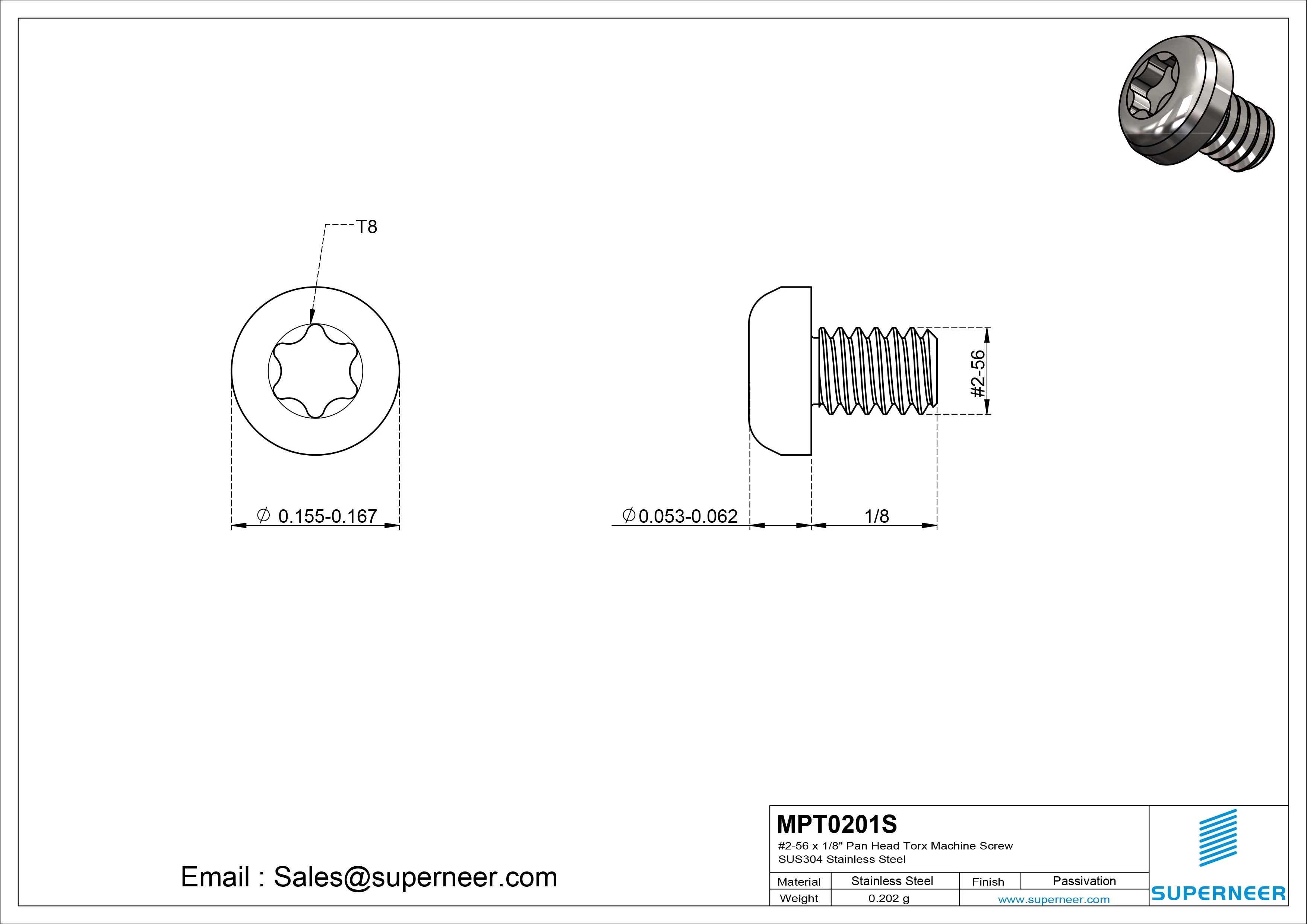 2-56 x 1/8" Pan Head Torx Machine Screw SUS304 Stainless Steel Inox