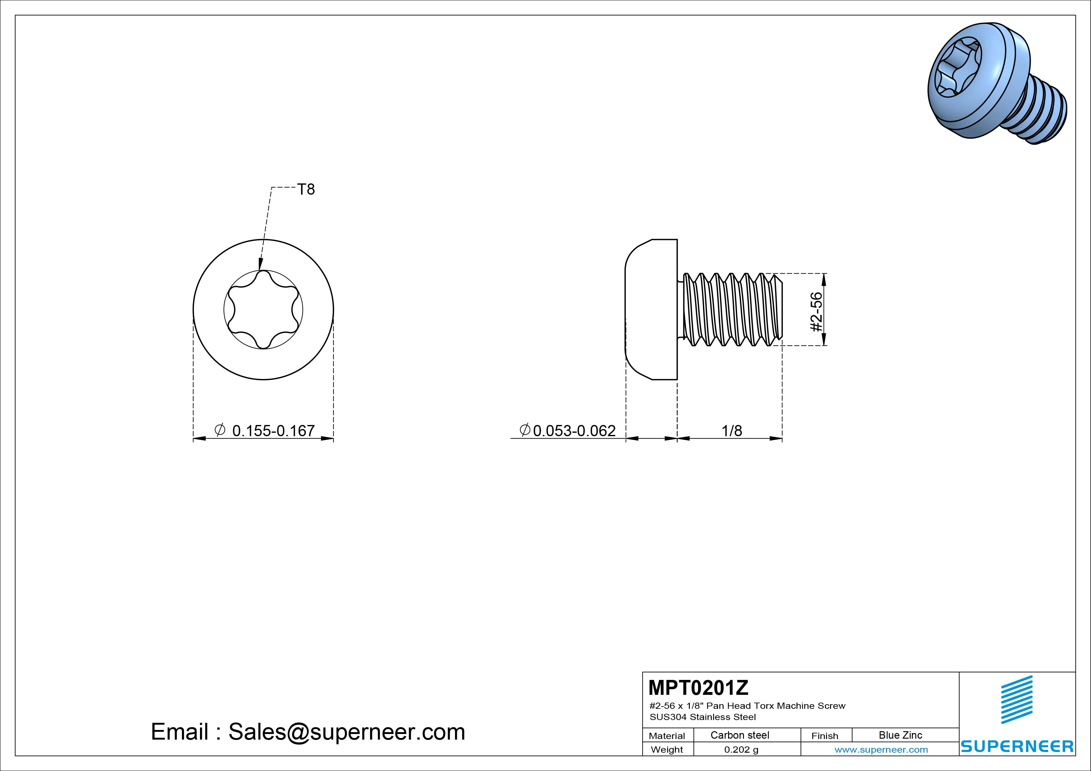 2-56 x 1/8" Pan Head Torx Machine Screw Steel Blue Zinc Plated