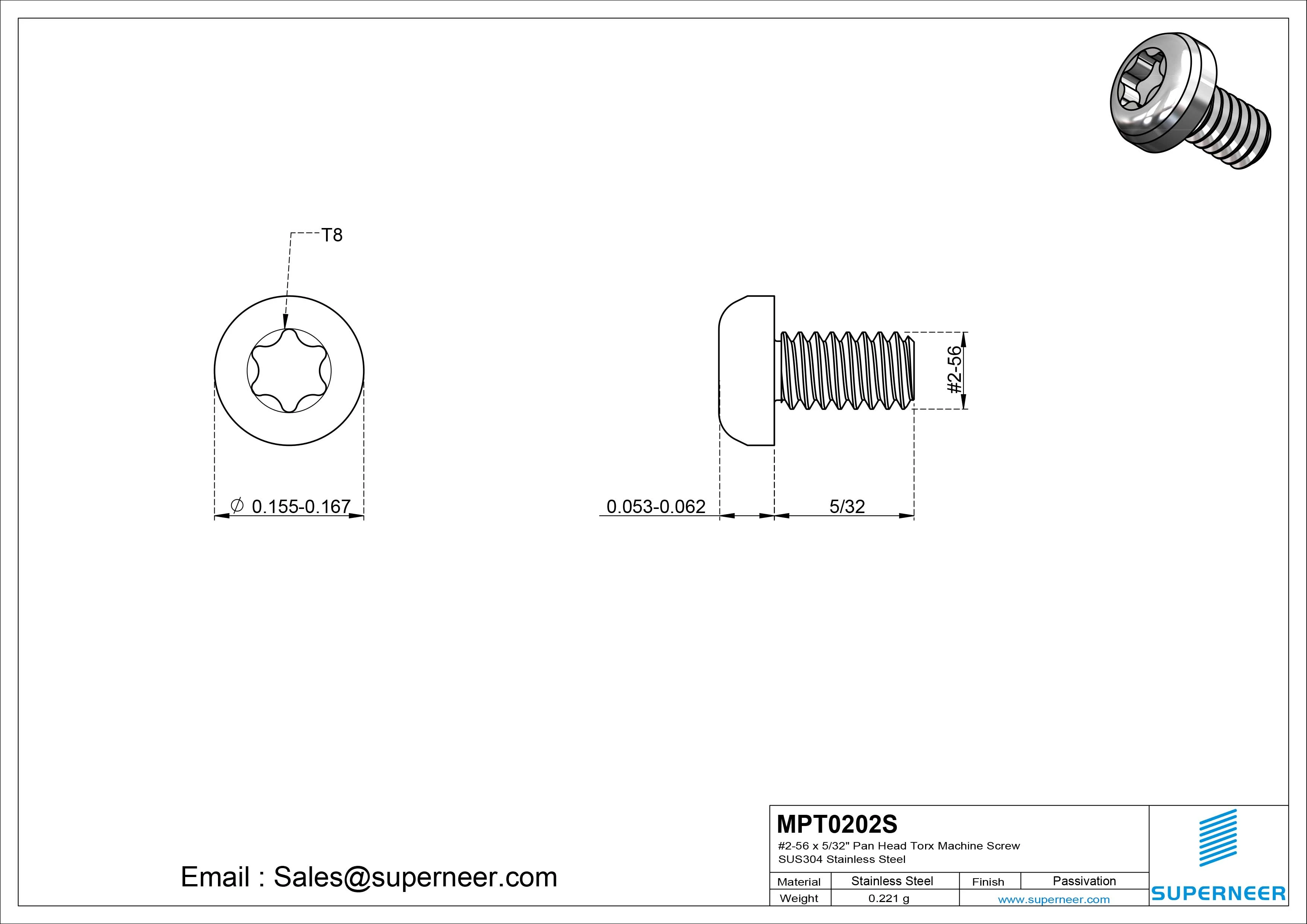 2-56 x 5/32" Pan Head Torx Machine Screw SUS304 Stainless Steel Inox