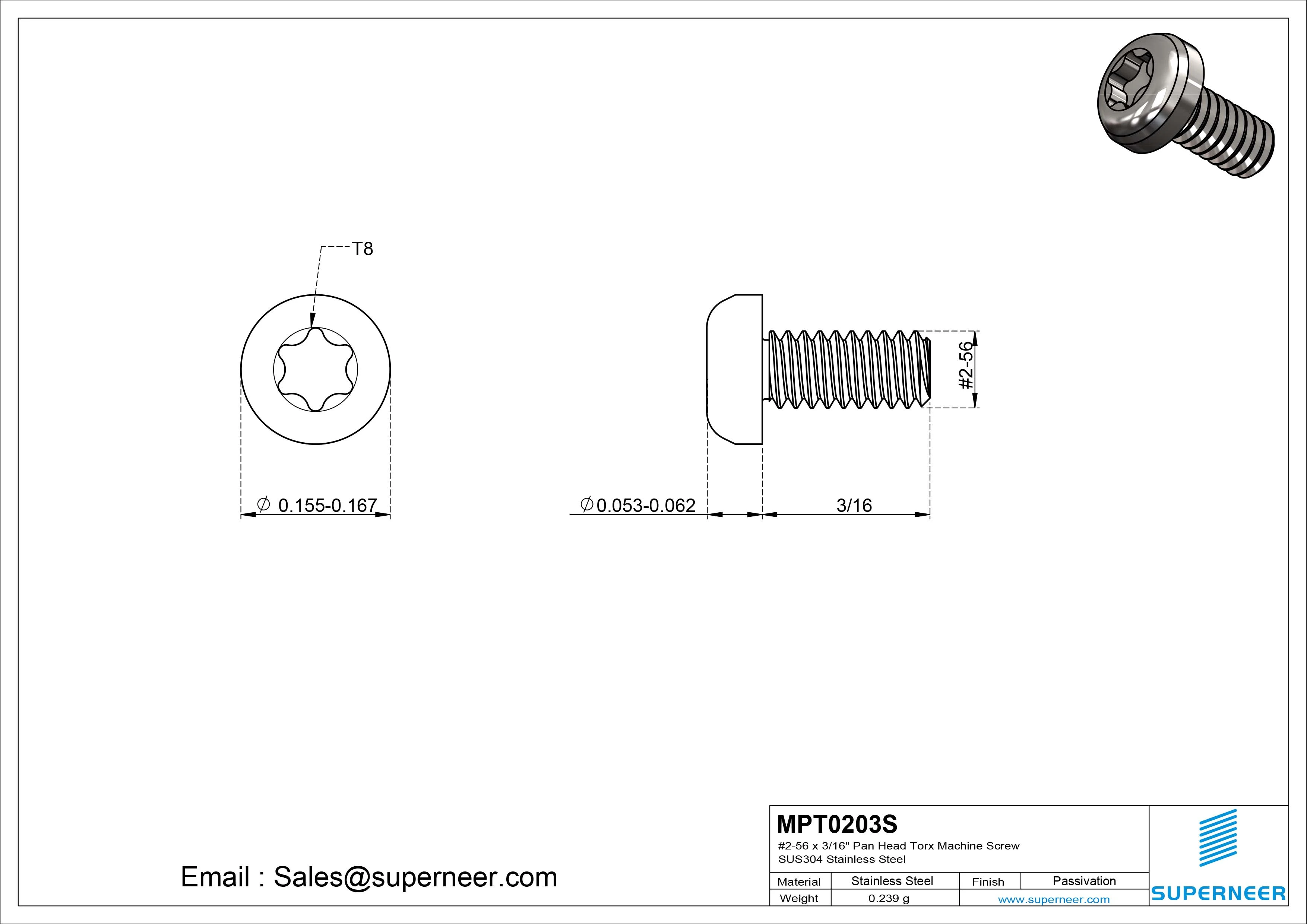 2-56 x 3/16" Pan Head Torx Machine Screw SUS304 Stainless Steel Inox