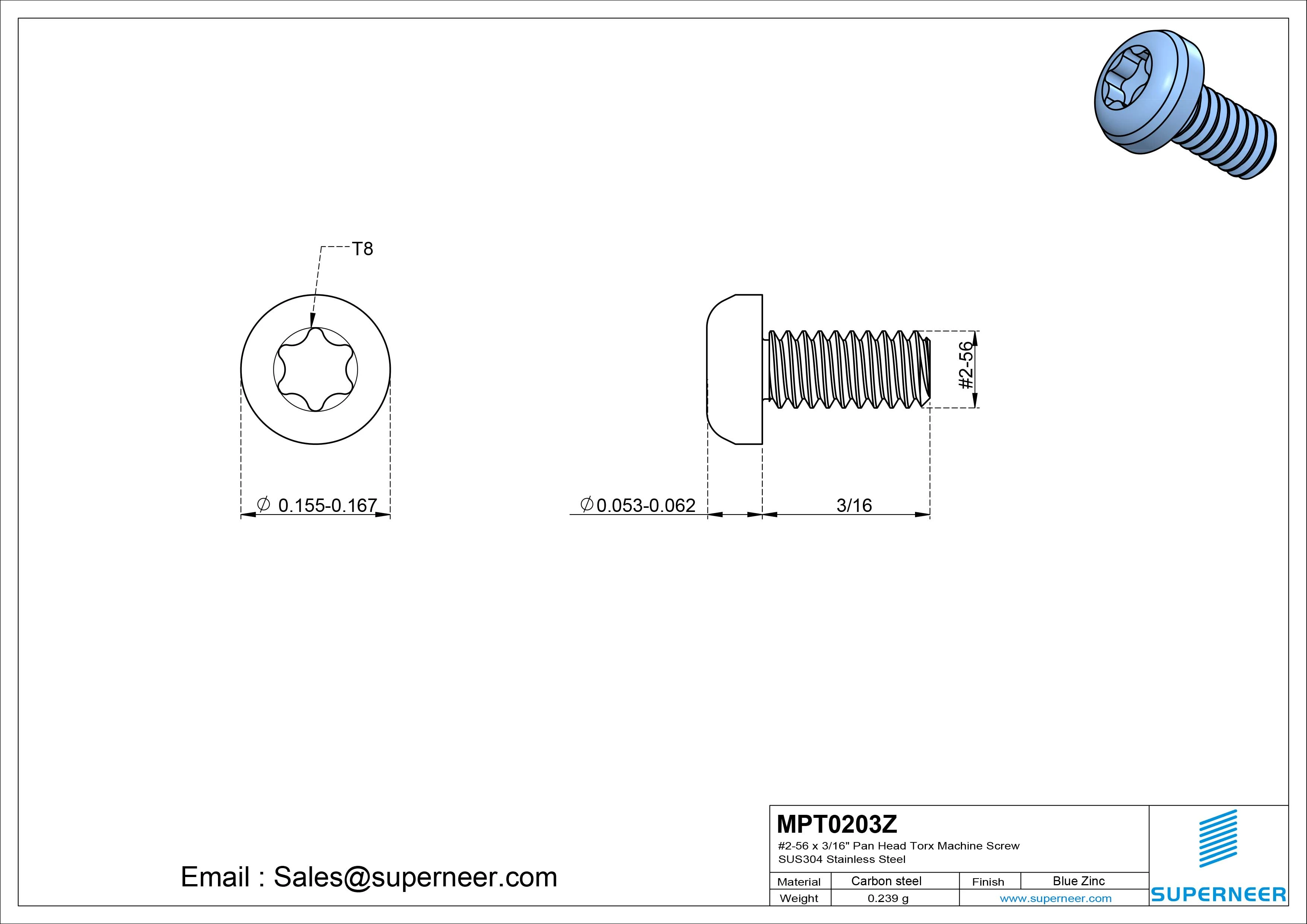 2-56 x 3/16" Pan Head Torx Machine Screw Steel Blue Zinc Plated