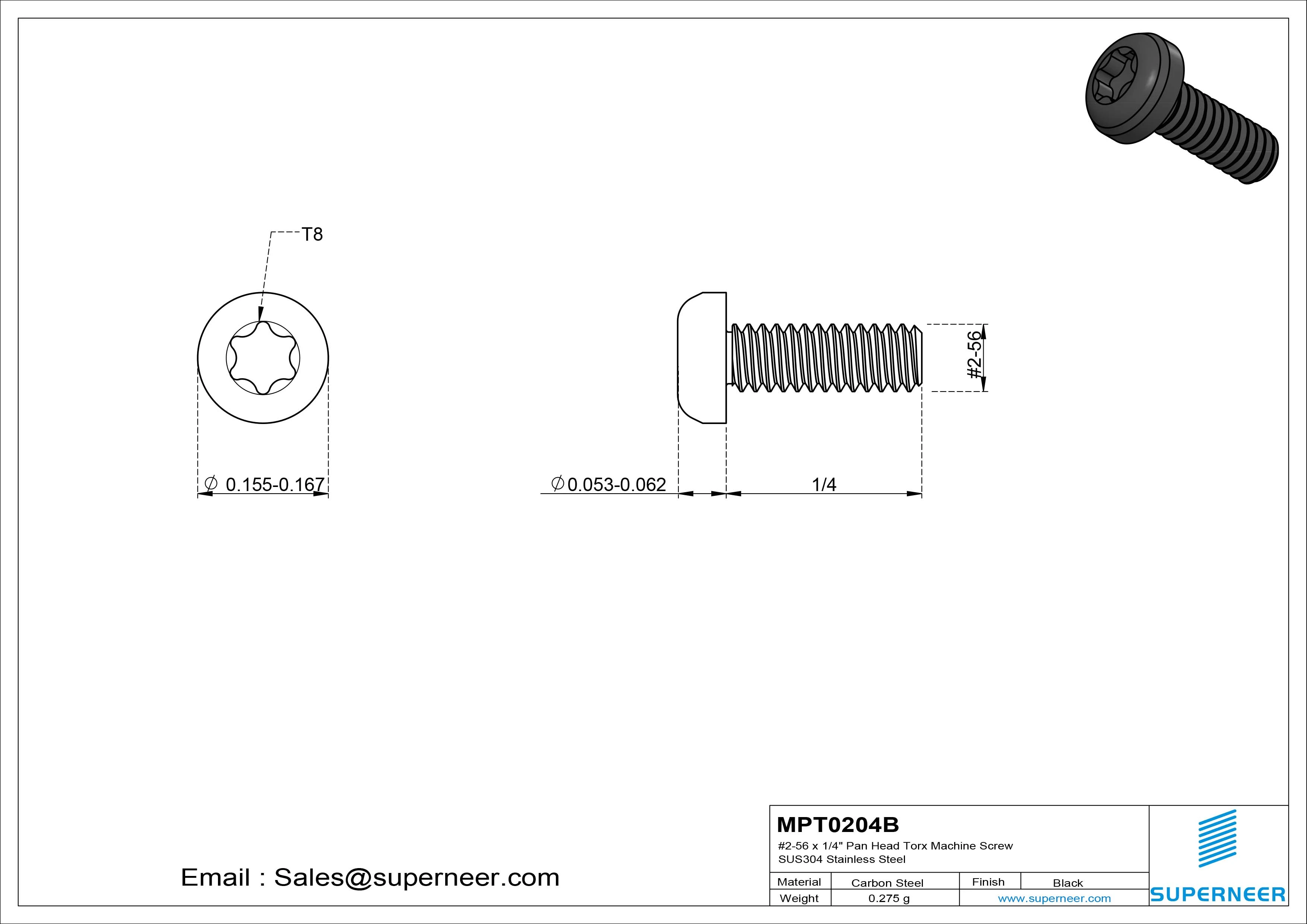 2-56 x 1/4" Pan Head Torx Machine Screw Steel Black