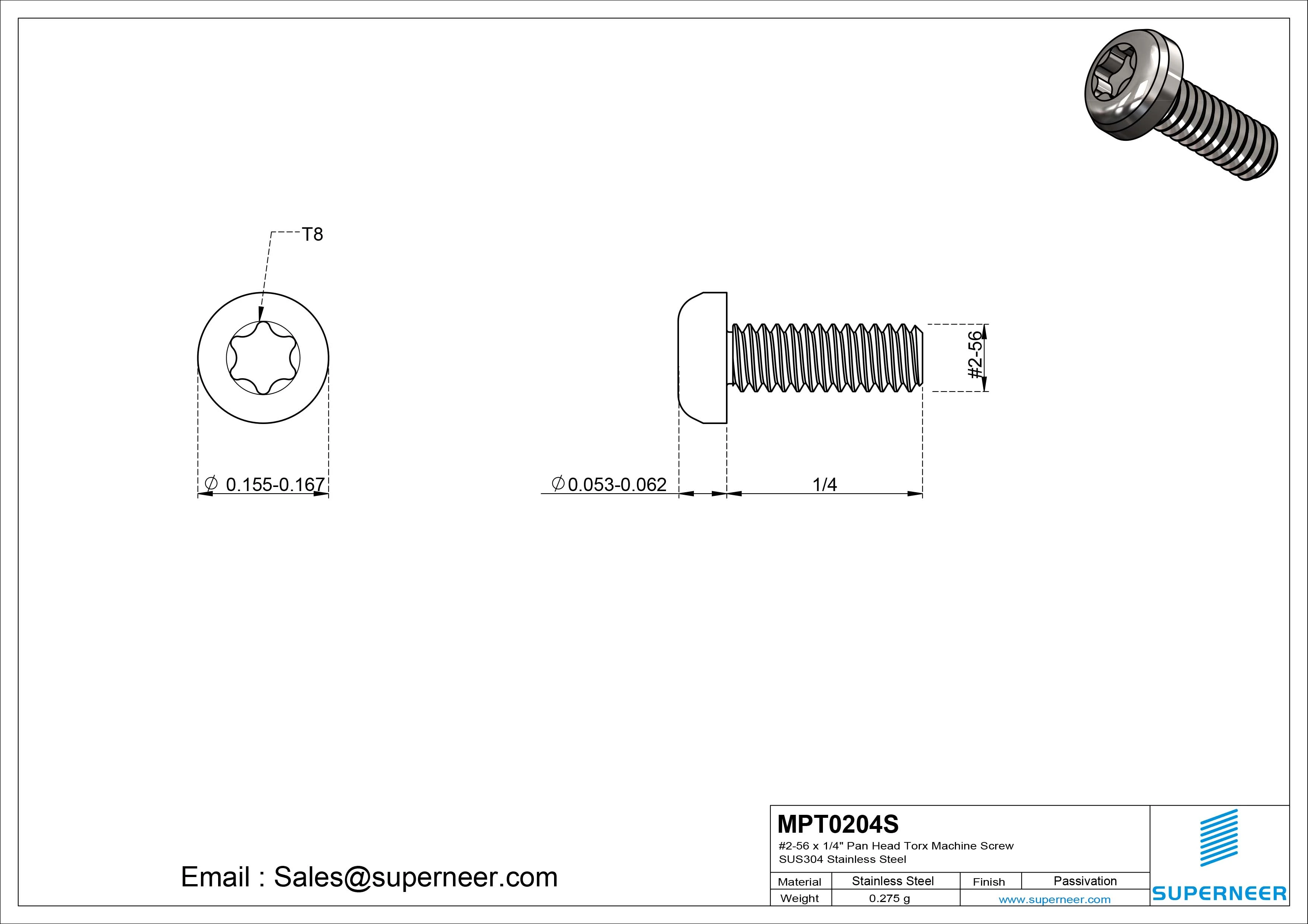 2-56 x 1/4" Pan Head Torx Machine Screw SUS304 Stainless Steel Inox