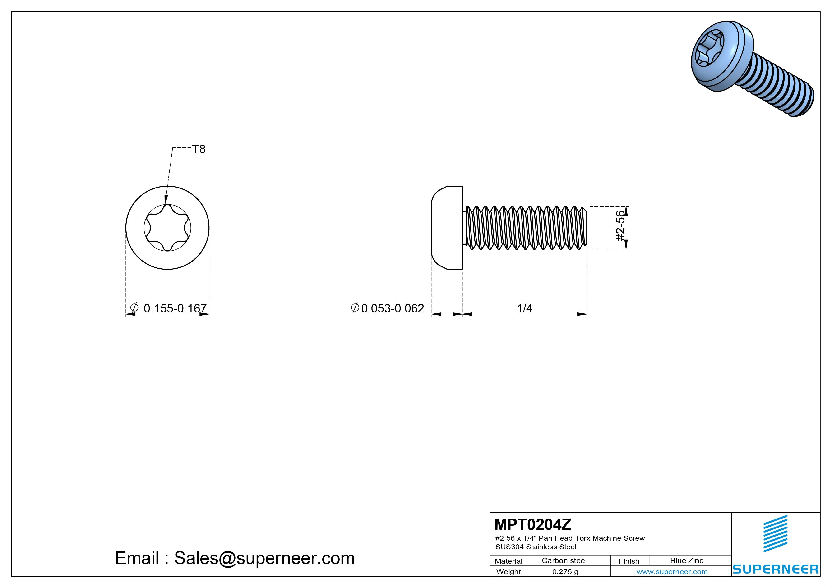2-56 x 1/4" Pan Head Torx Machine Screw Steel Blue Zinc Plated