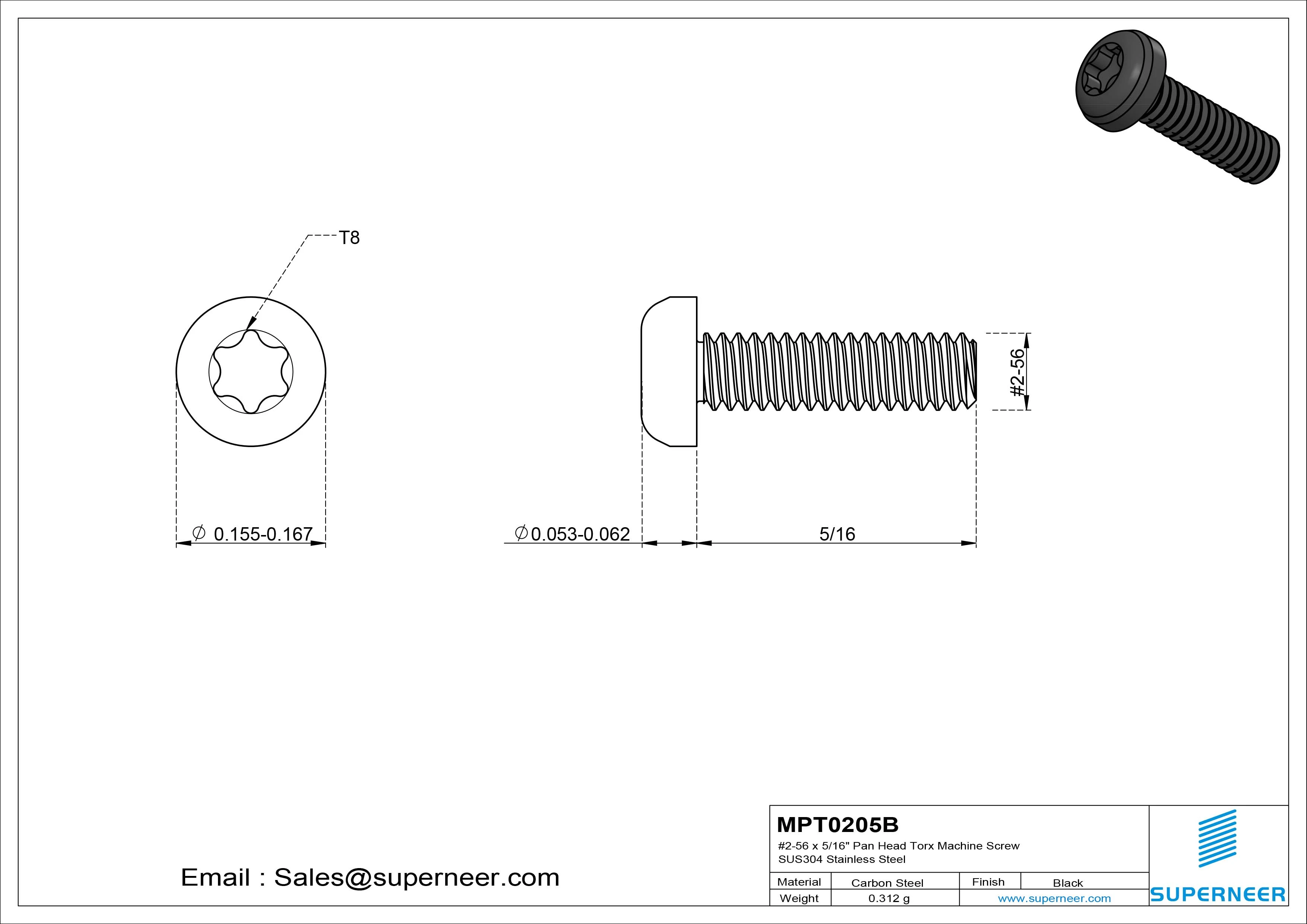 2-56 x 5/16" Pan Head Torx Machine Screw Steel Black