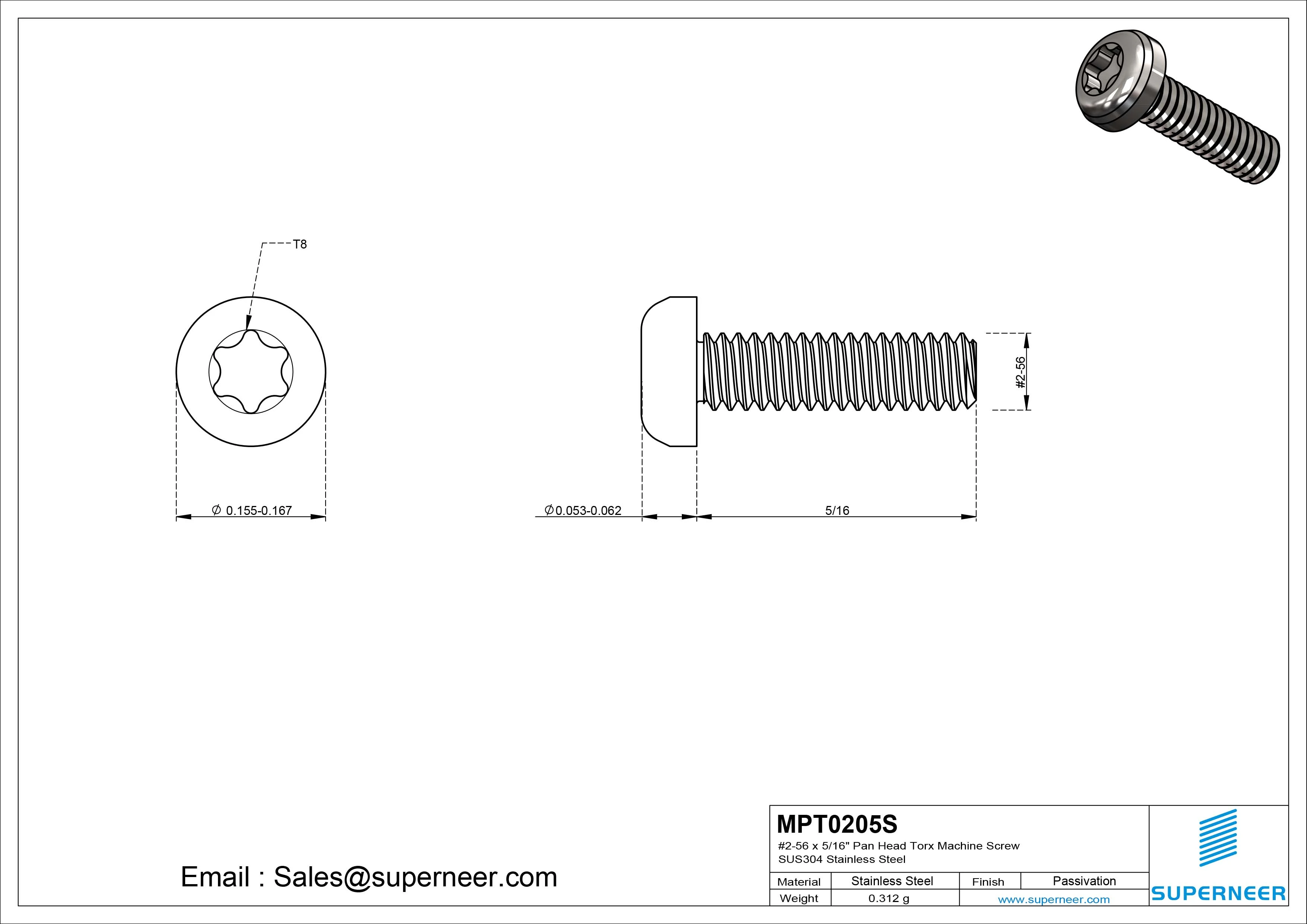 2-56 x 5/16" Pan Head Torx Machine Screw SUS304 Stainless Steel Inox