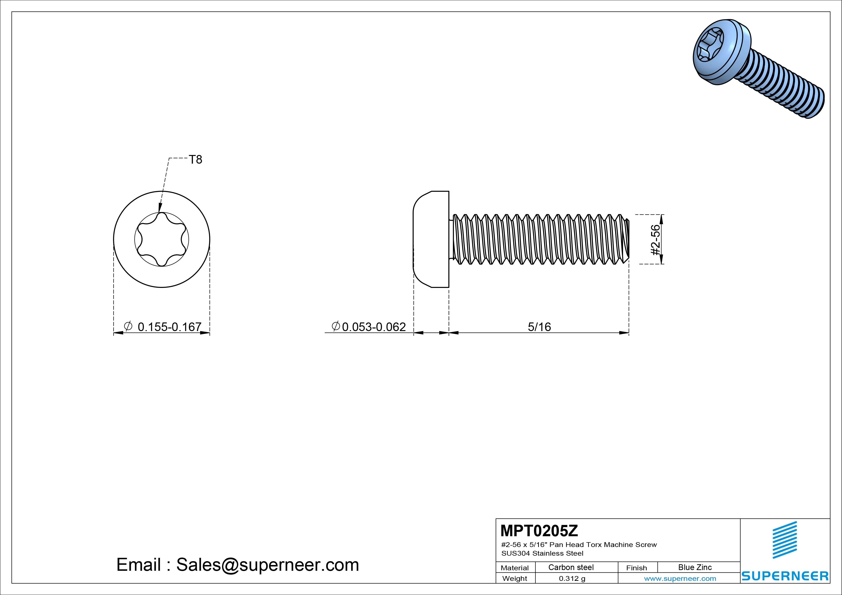 2-56 x 5/16" Pan Head Torx Machine Screw Steel Blue Zinc Plated