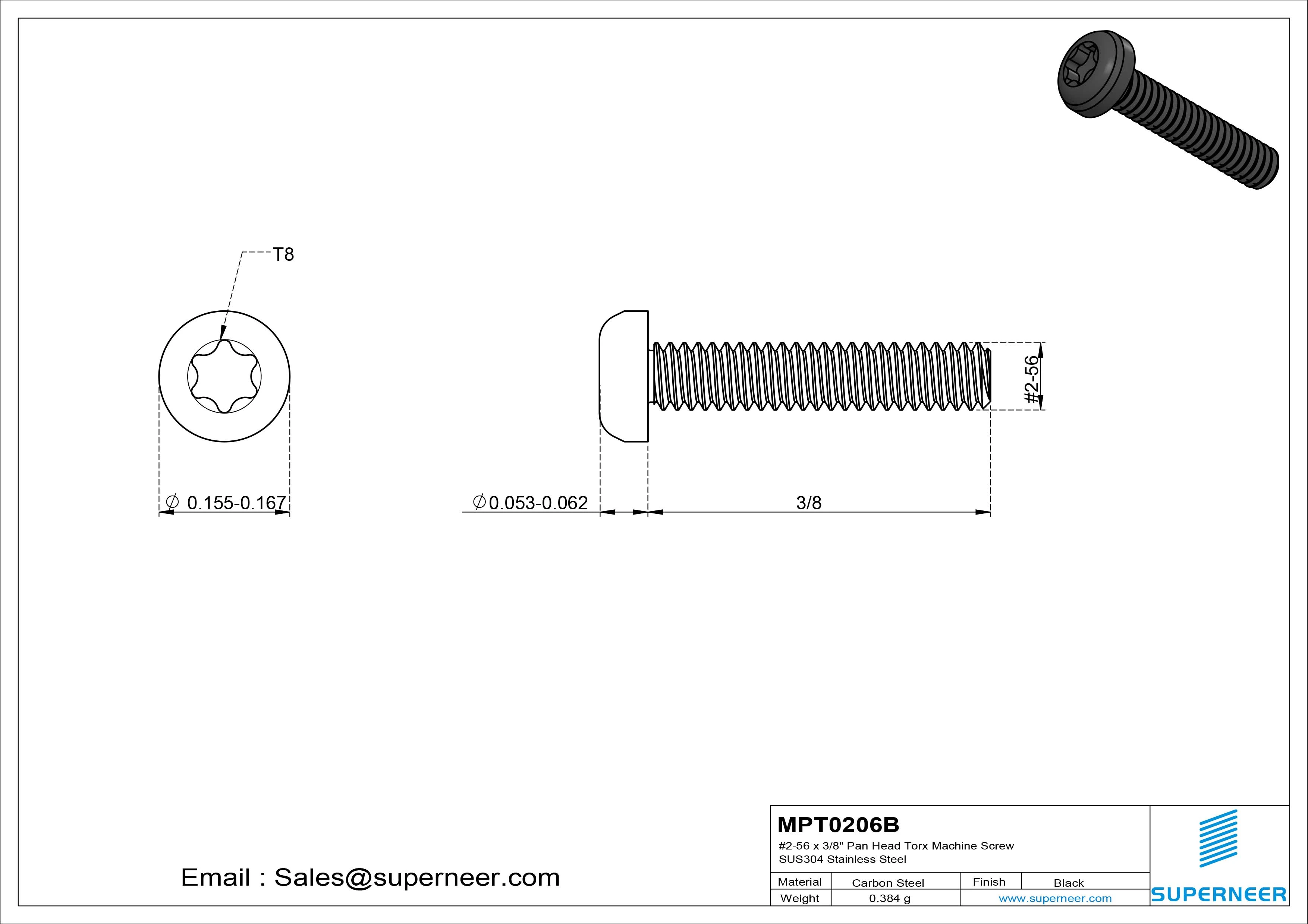 2-56 x 3/8" Pan Head Torx Machine Screw Steel Black