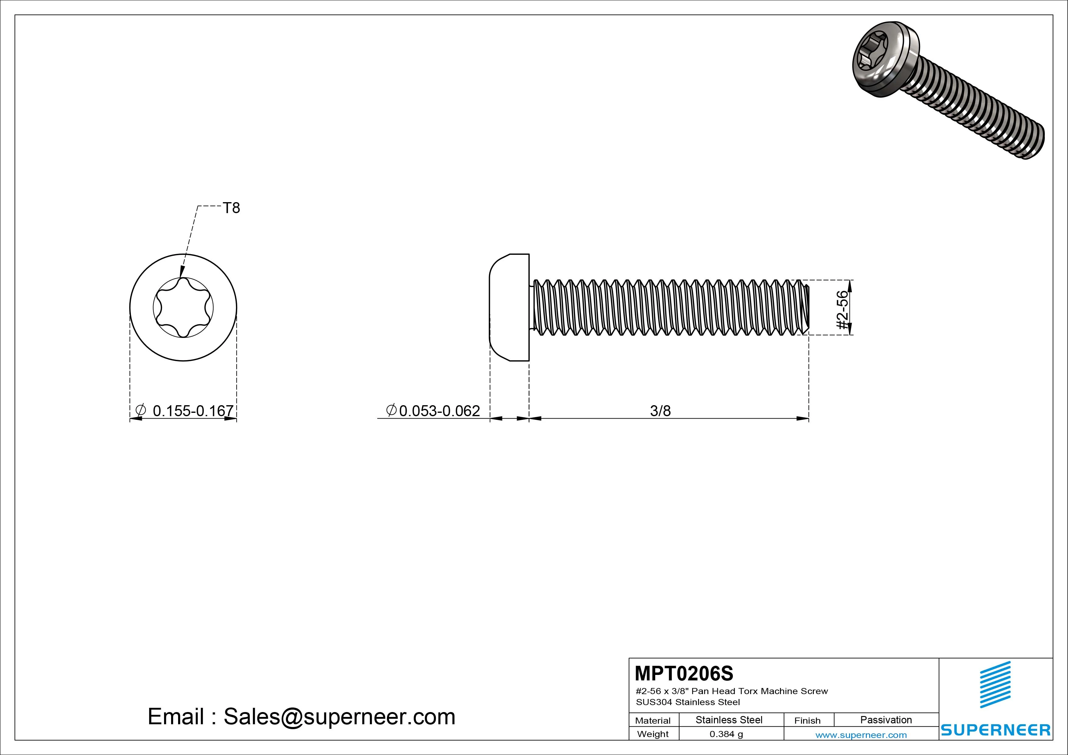 2-56 x 3/8" Pan Head Torx Machine Screw SUS304 Stainless Steel Inox