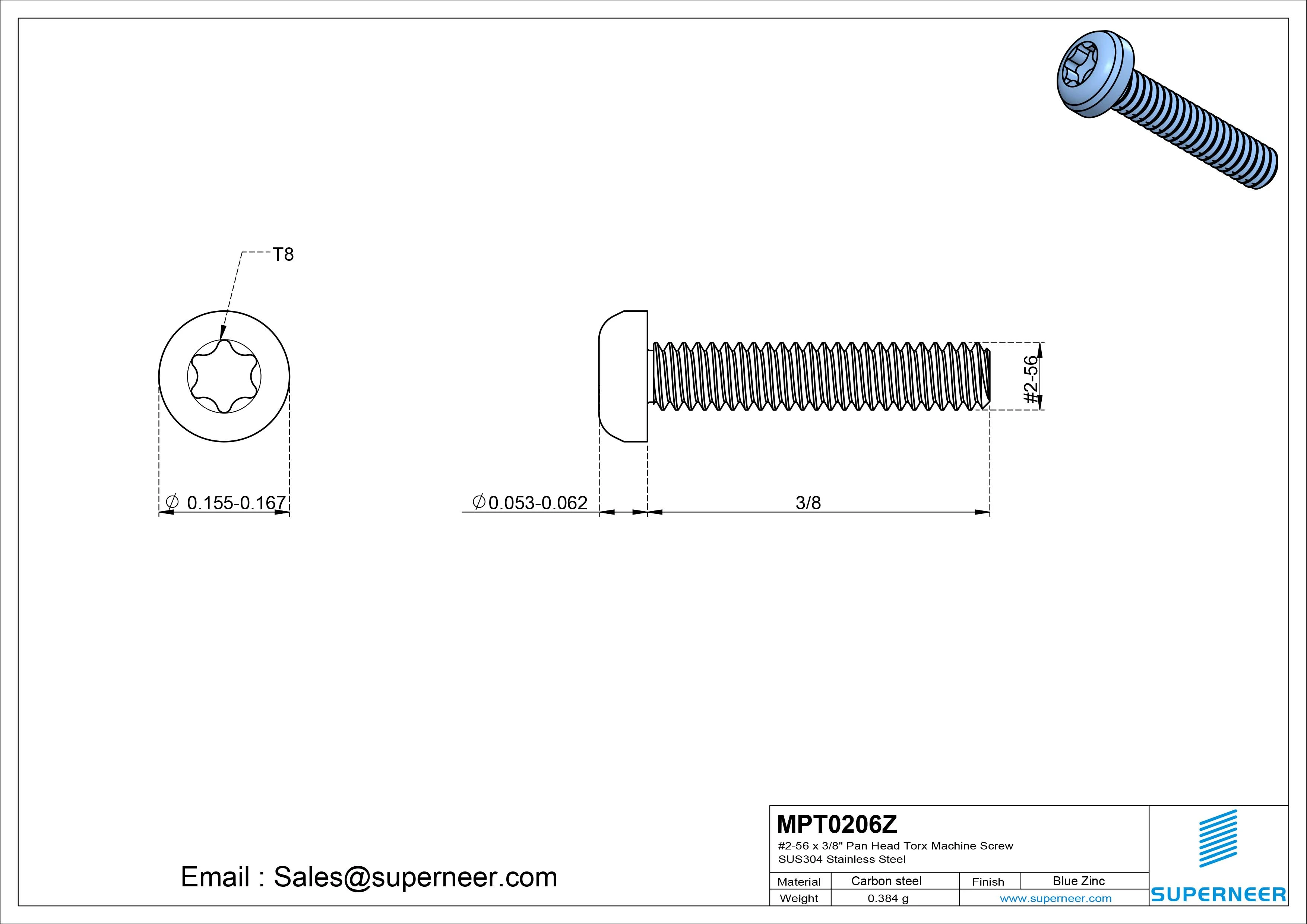 2-56 x 3/8" Pan Head Torx Machine Screw Steel Blue Zinc Plated