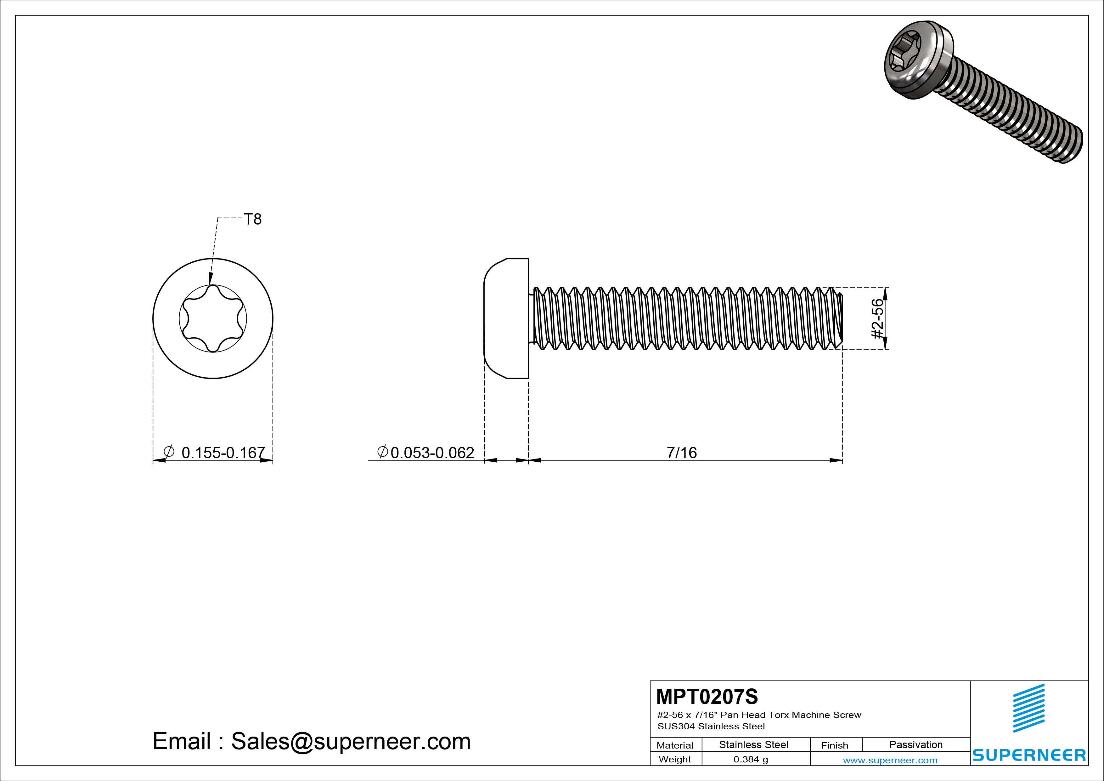2-56 x 7/16" Pan Head Torx Machine Screw SUS304 Stainless Steel Inox