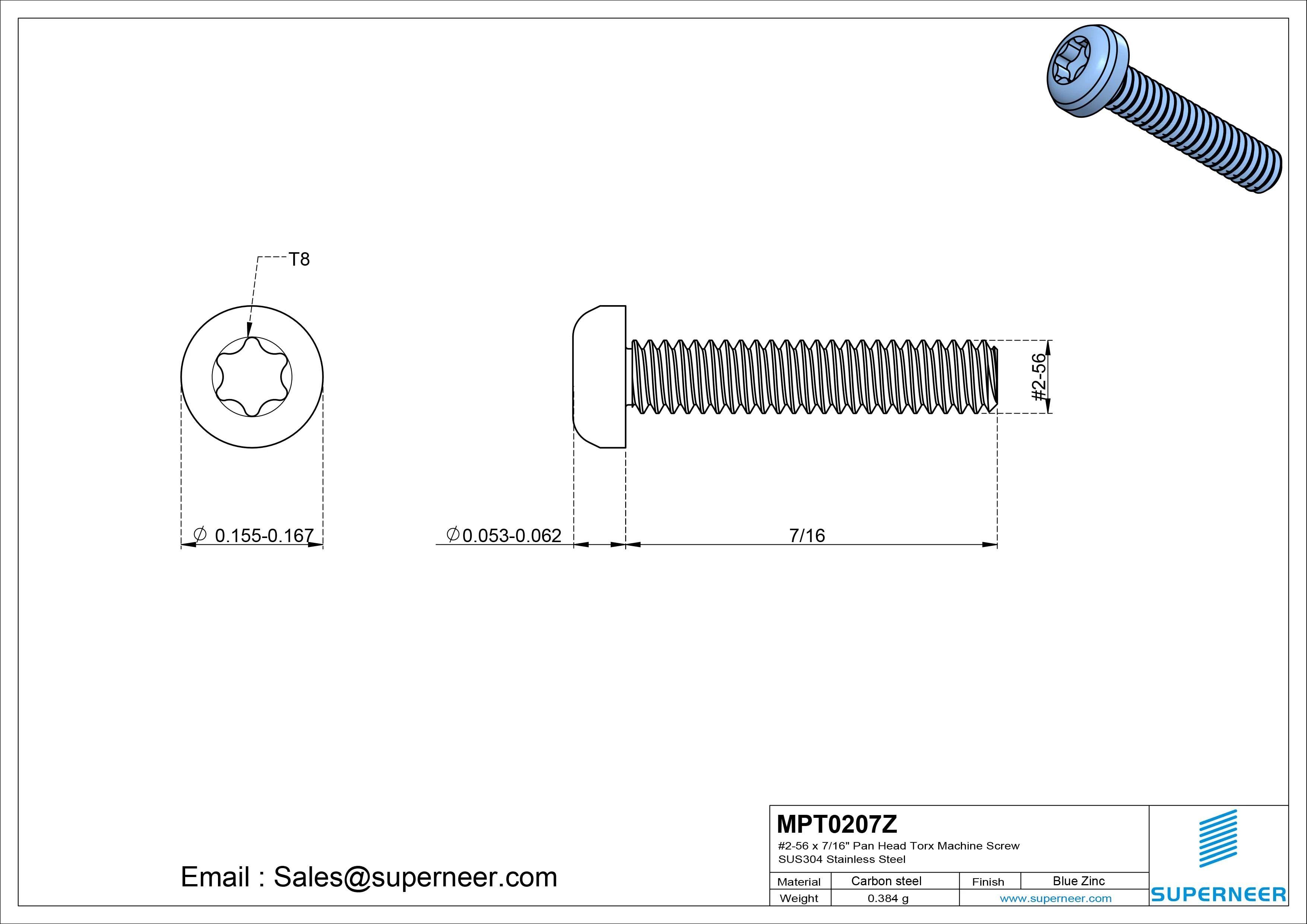 2-56 x 7/16" Pan Head Torx Machine Screw Steel Blue Zinc Plated