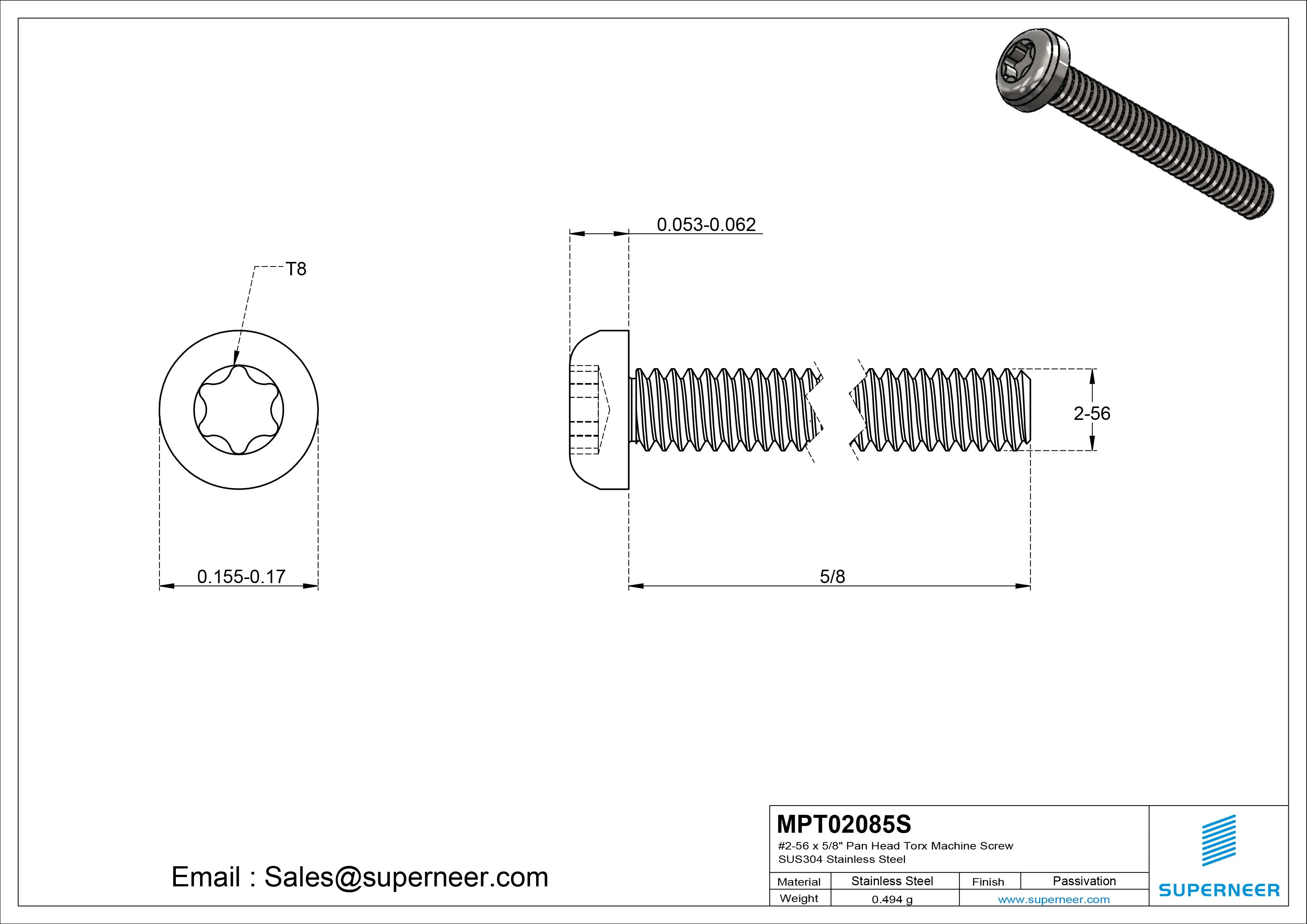  2-56 x 5/8“ Pan Head Torx Machine Screw SUS304 Stainless Steel