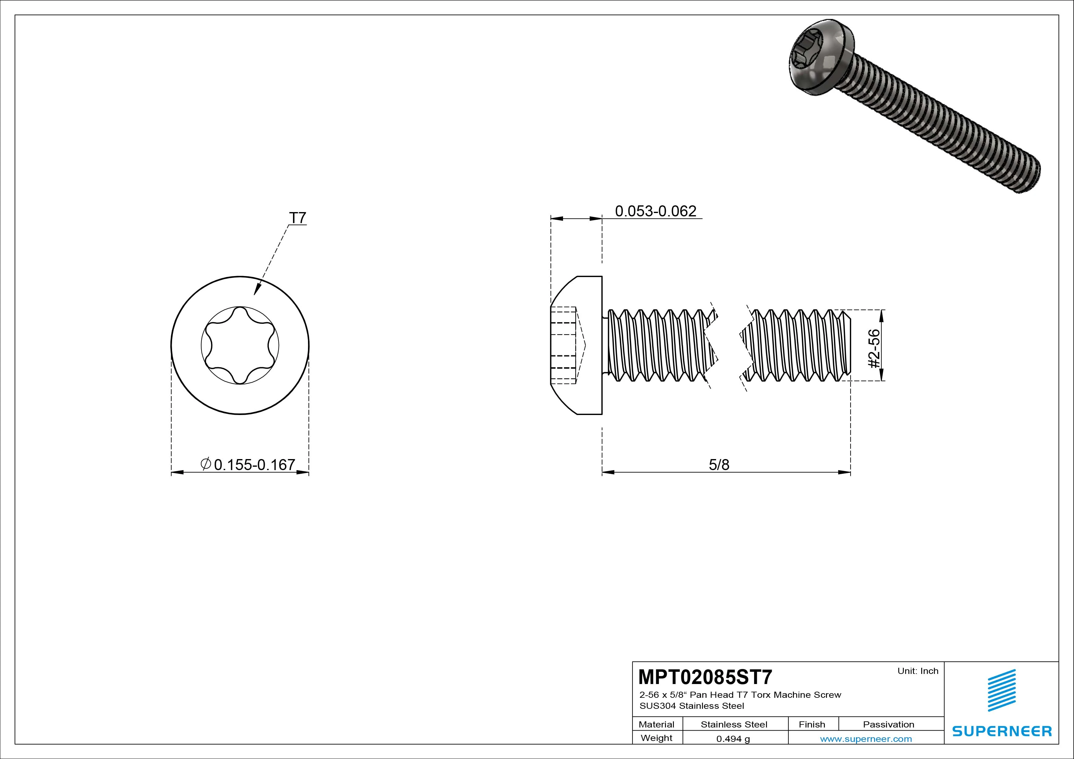  2-56 x 5/8“ Pan Head Torx  T7 Machine Screw SUS304 Stainless Steel