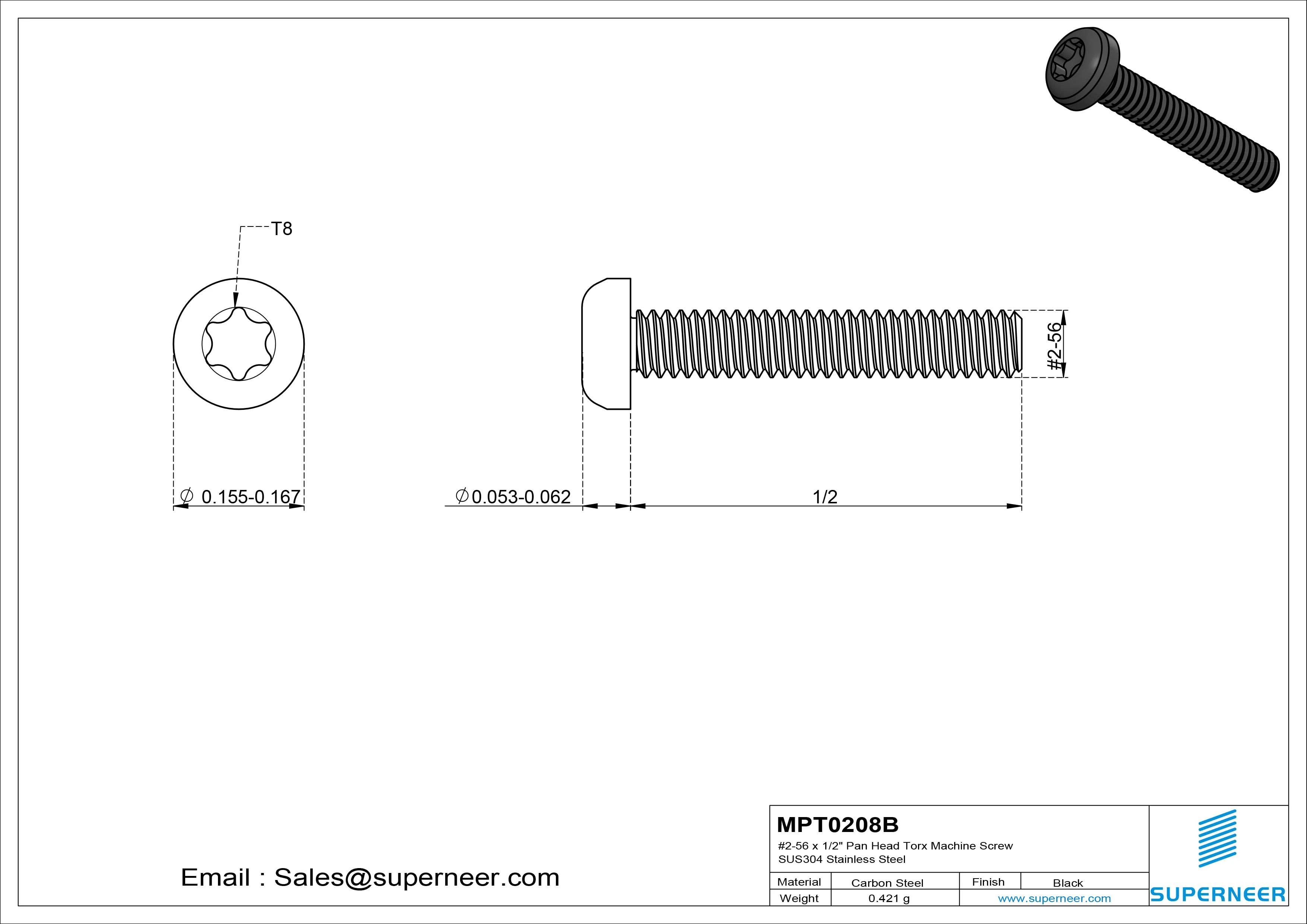 2-56 x 1/2" Pan Head Torx Machine Screw Steel Black