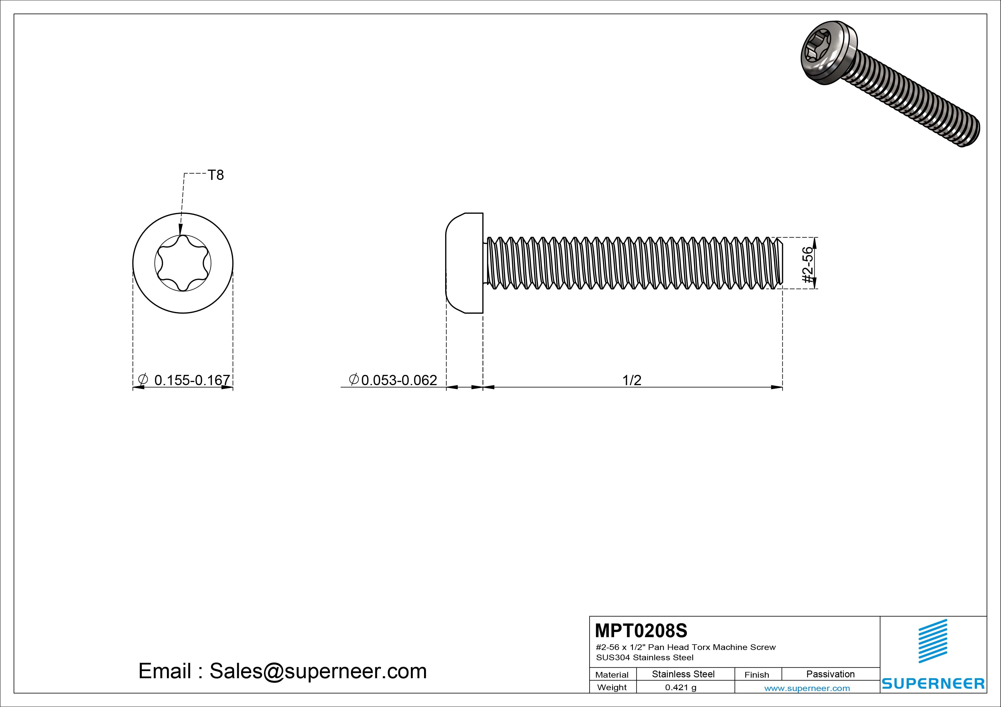 2-56 x 1/2" Pan Head Torx Machine Screw SUS304 Stainless Steel Inox