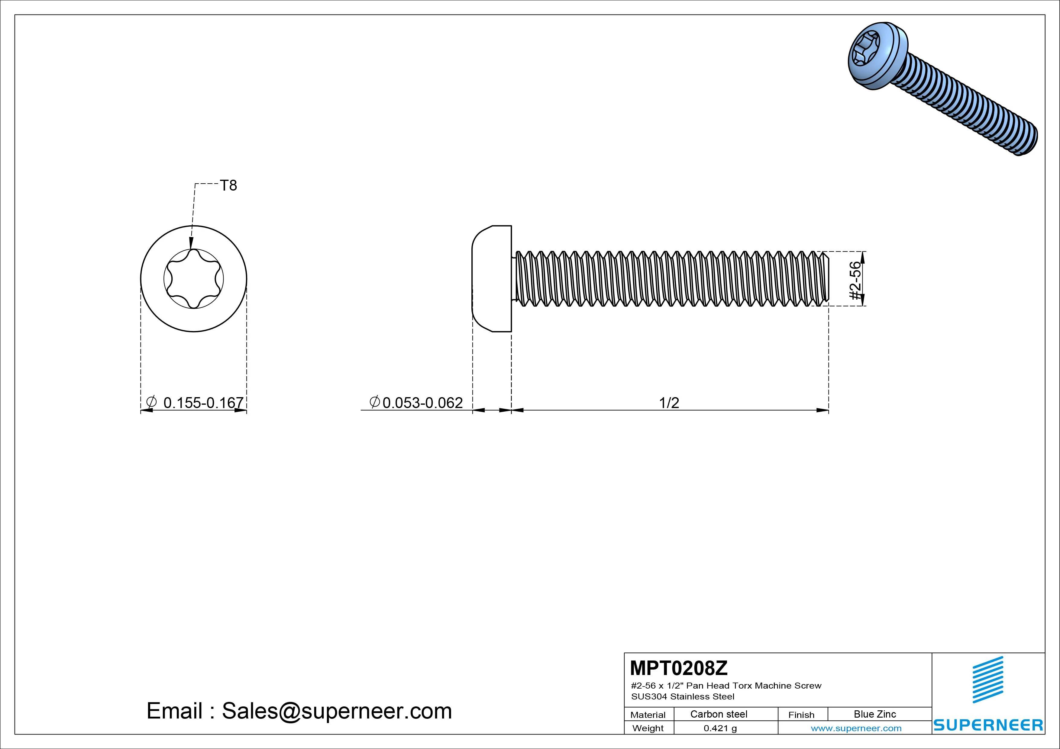 2-56 x 1/2" Pan Head Torx Machine Screw Steel Blue Zinc Plated