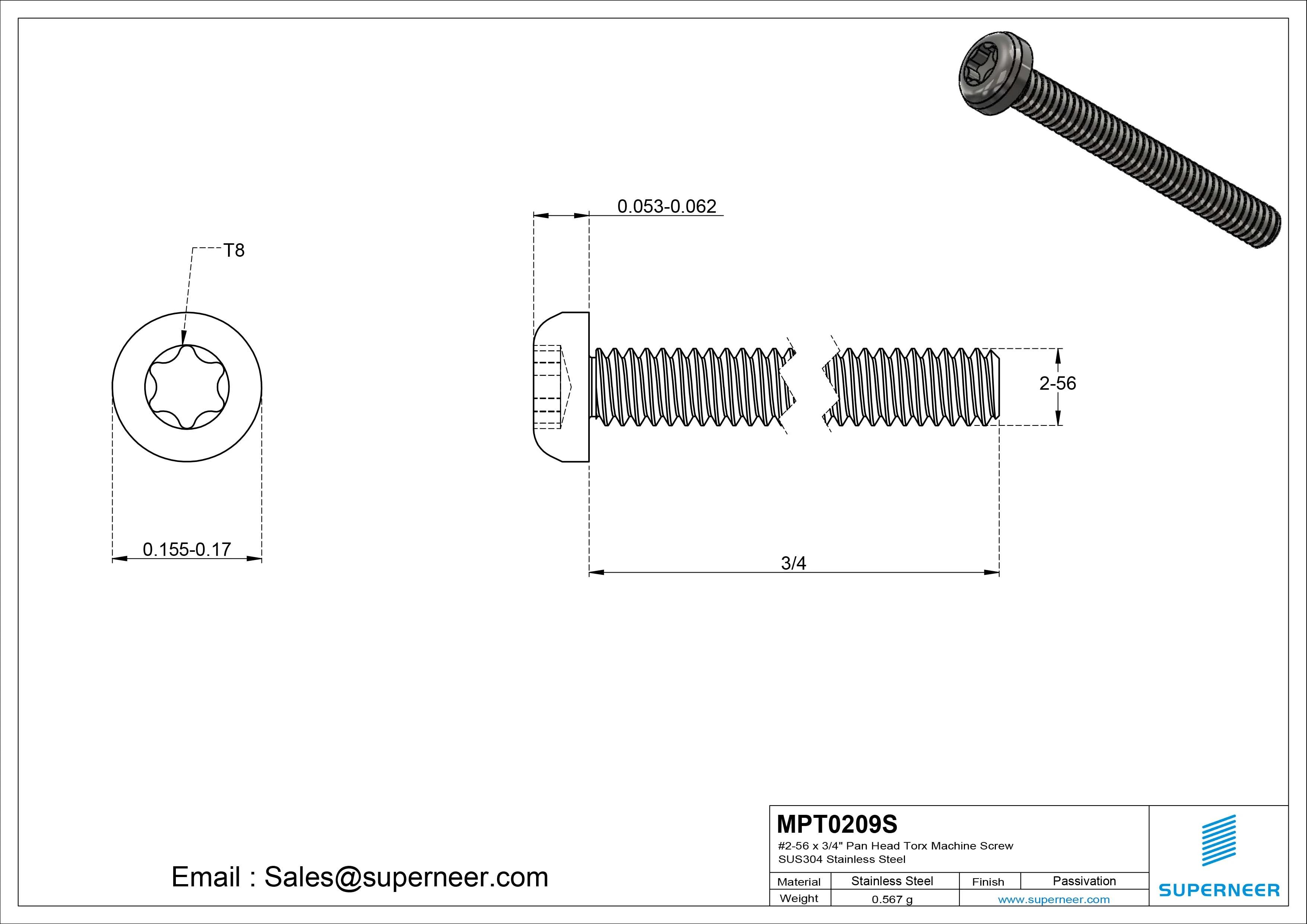 2-56 x 3/4“ Pan Head Torx Machine Screw SUS304 Stainless Steel
