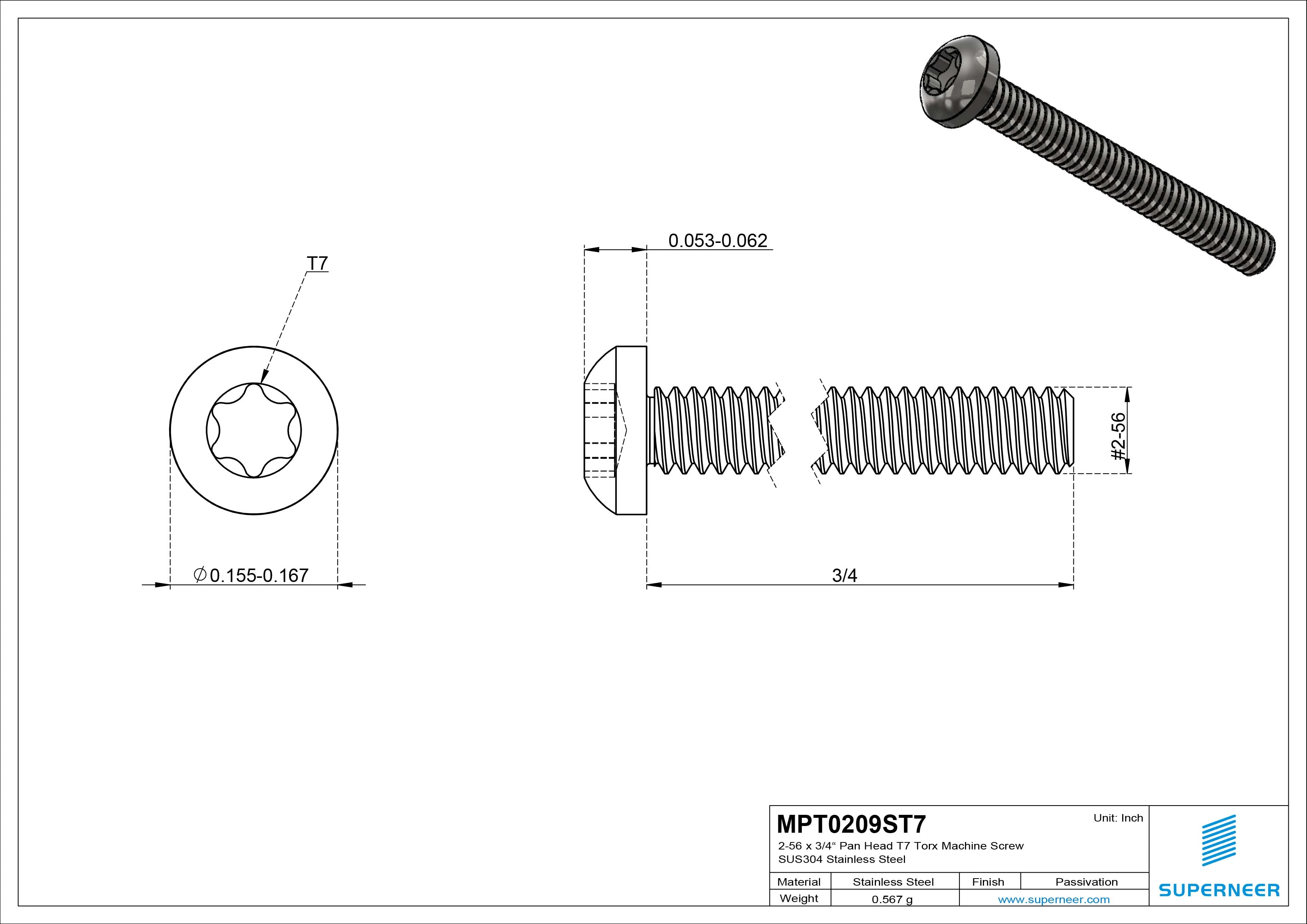 2-56 x 3/4" Pan Head Torx T7 Machine Screw SUS304 Stainless Steel