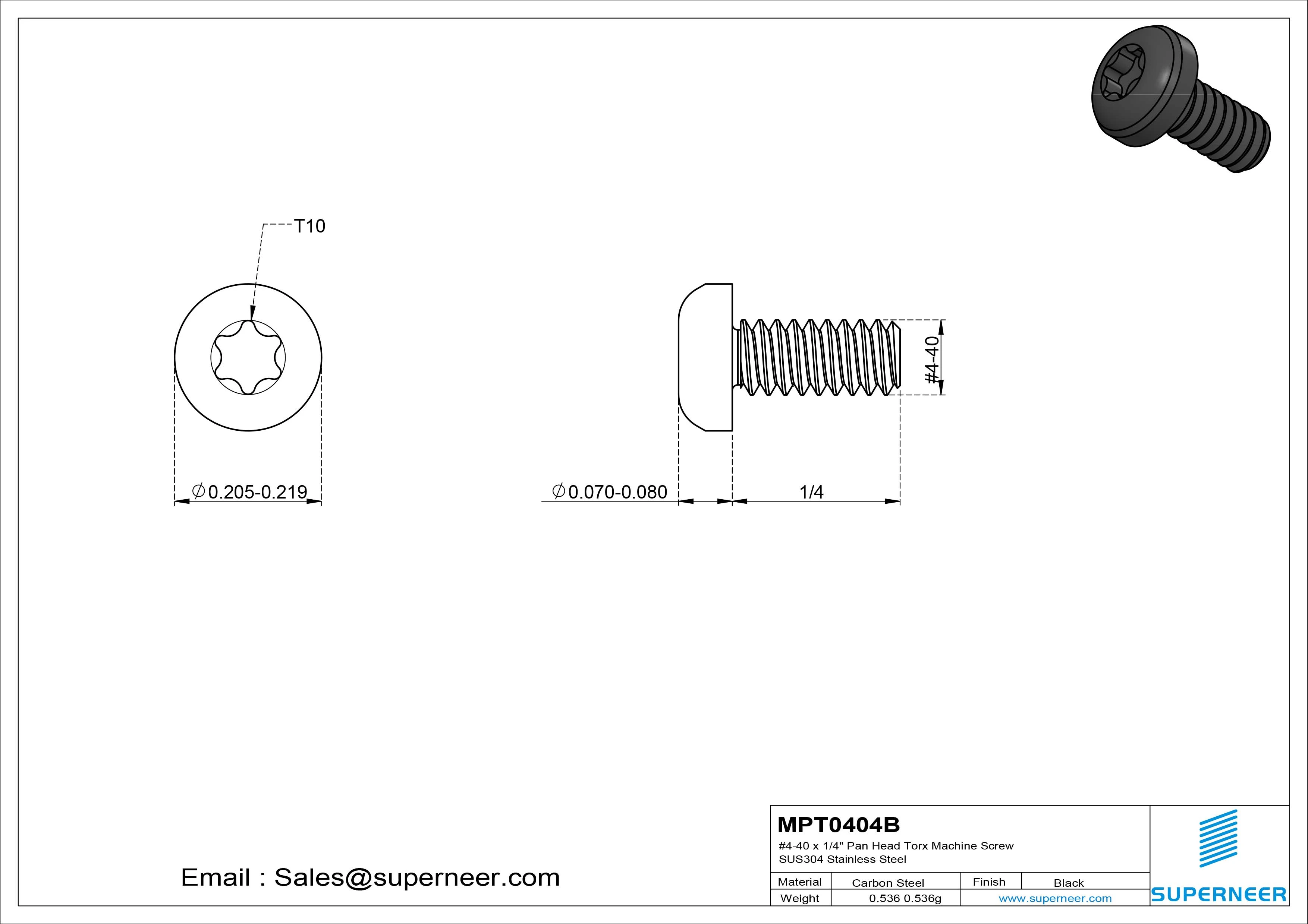 4-40 x 1/4" Pan Head Torx Machine Screw Steel Black