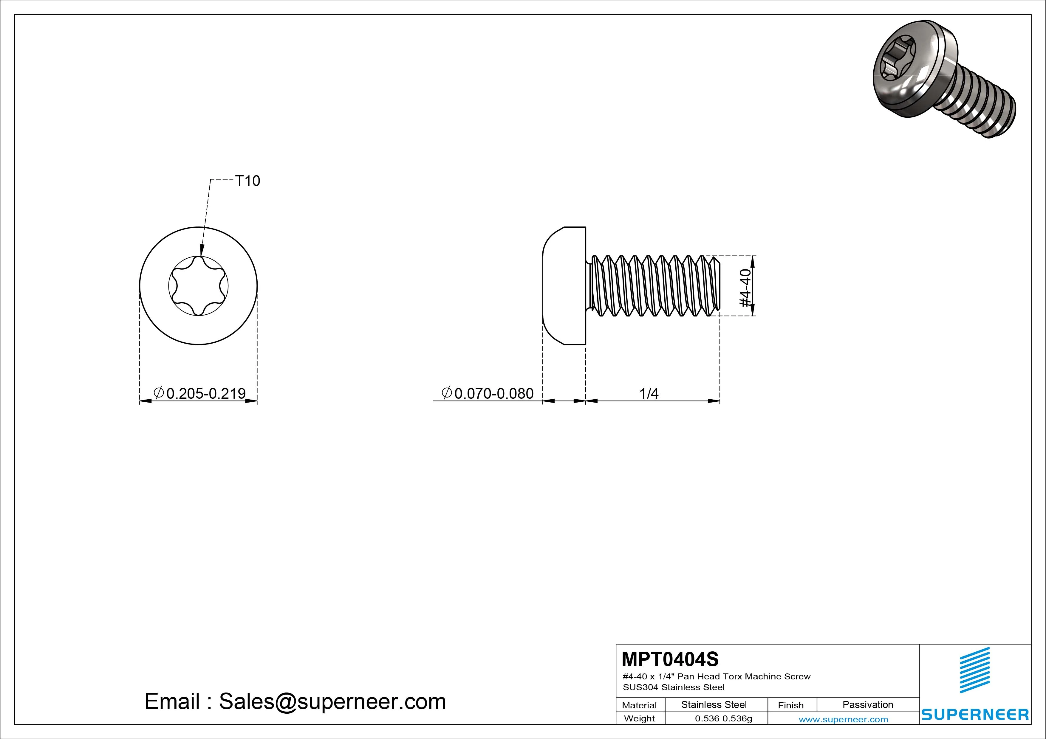 4-40 x 1/4" Pan Head Torx Machine Screw SUS304 Stainless Steel Inox