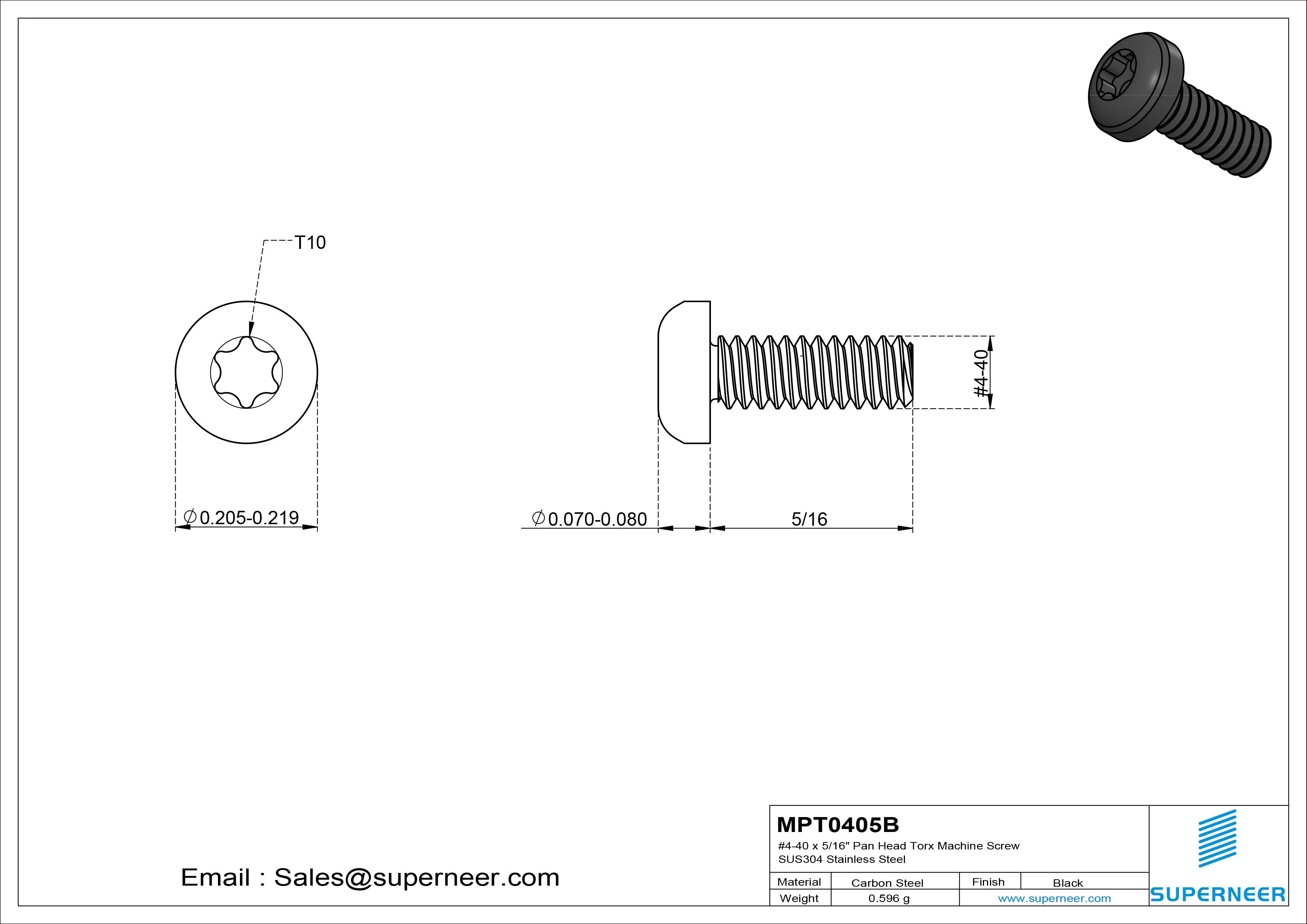 4-40 x 5/16" Pan Head Torx Machine Screw Steel Black