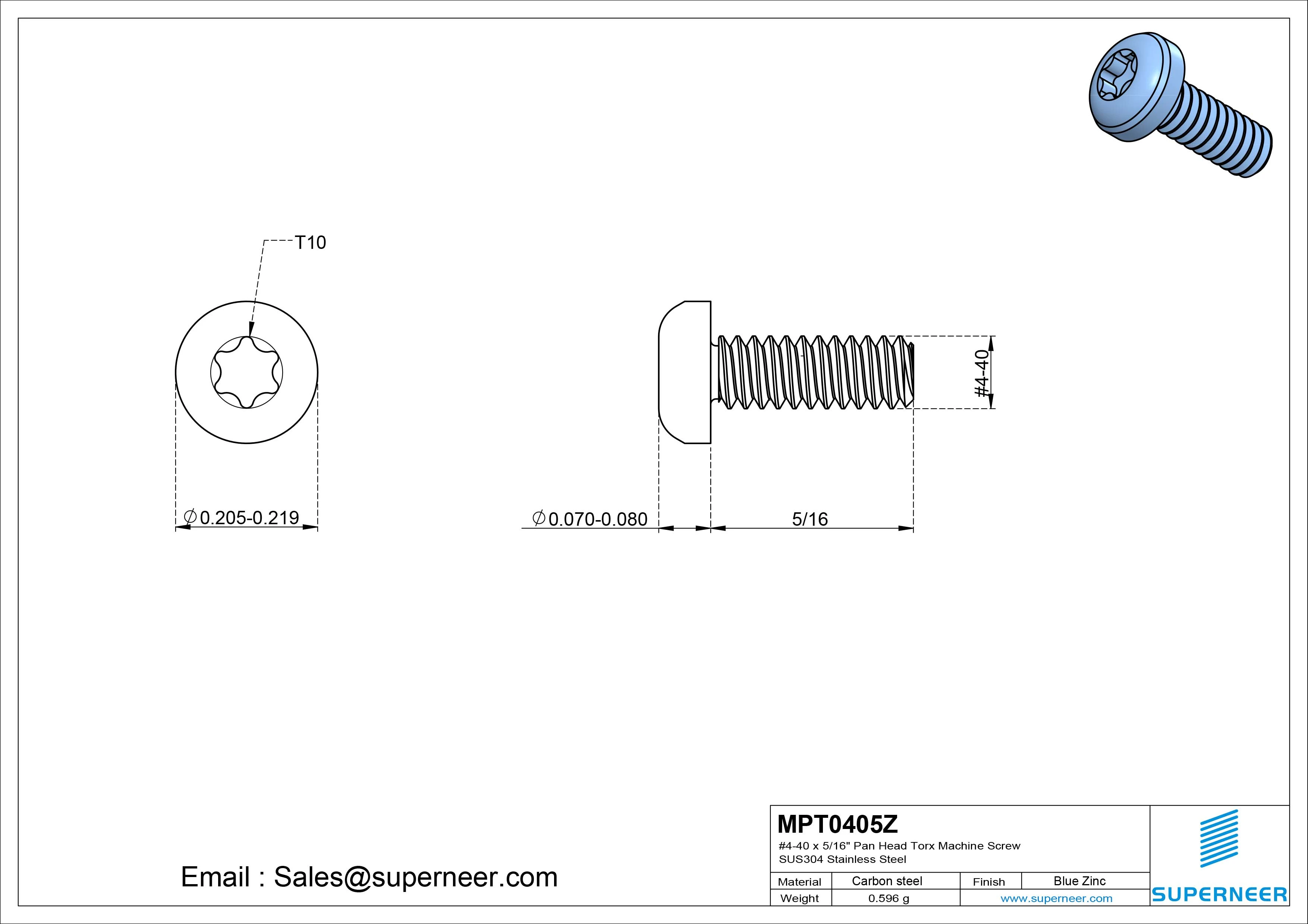 4-40 x 5/16" Pan Head Torx Machine Screw Steel Blue Zinc Plated