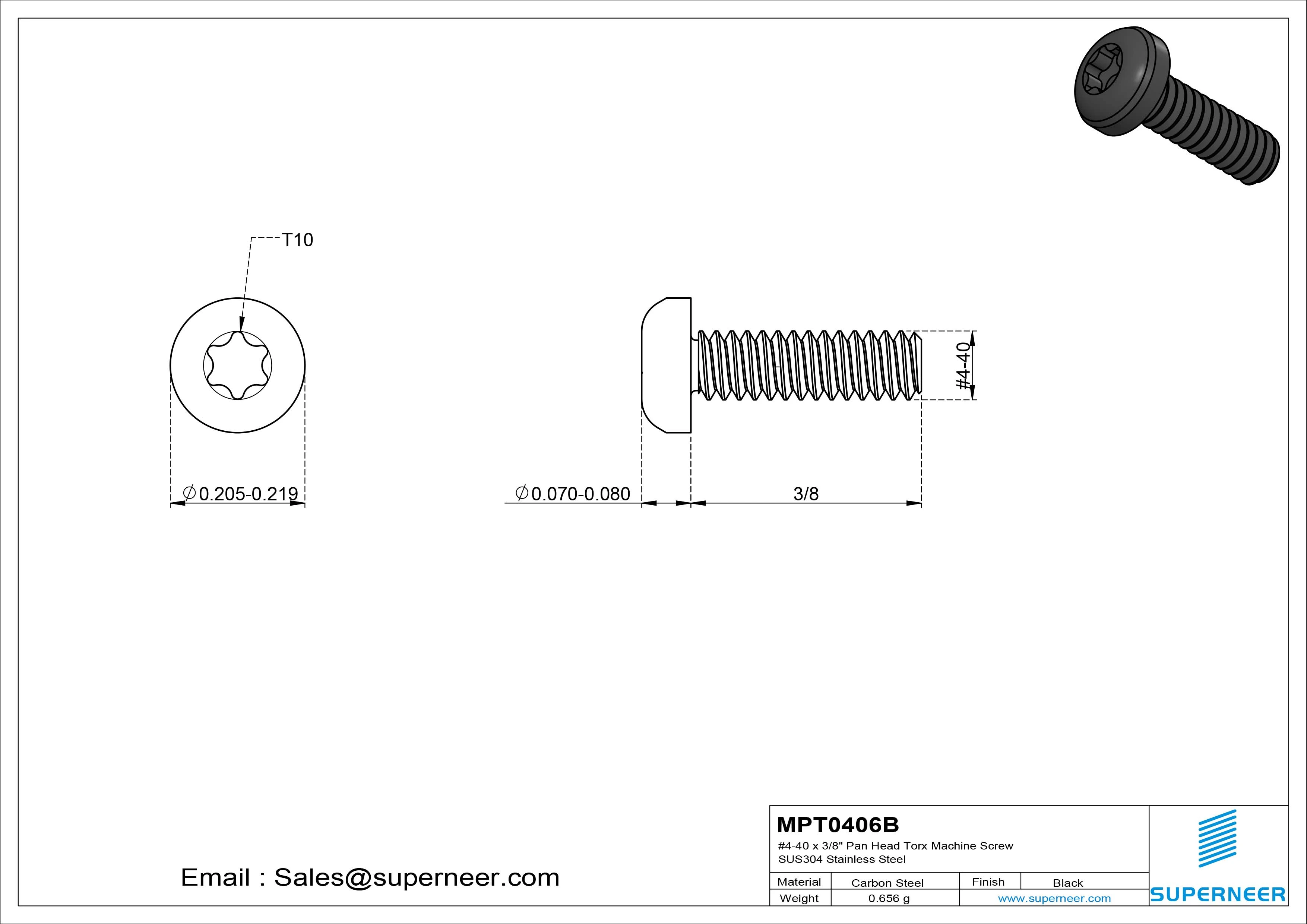 4-40 x 3/8" Pan Head Torx Machine Screw Steel Black