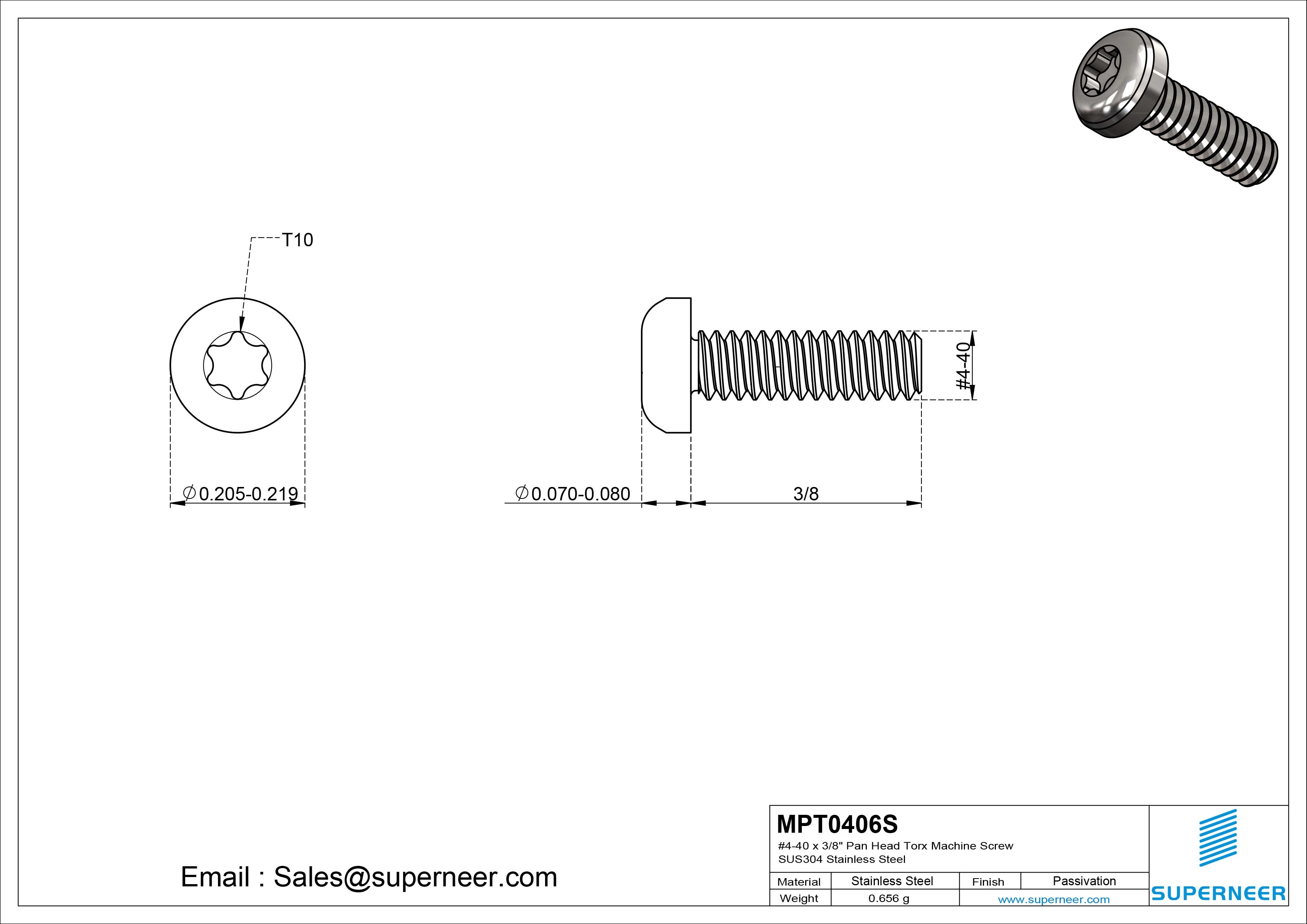 4-40 x 3/8" Pan Head Torx Machine Screw SUS304 Stainless Steel Inox