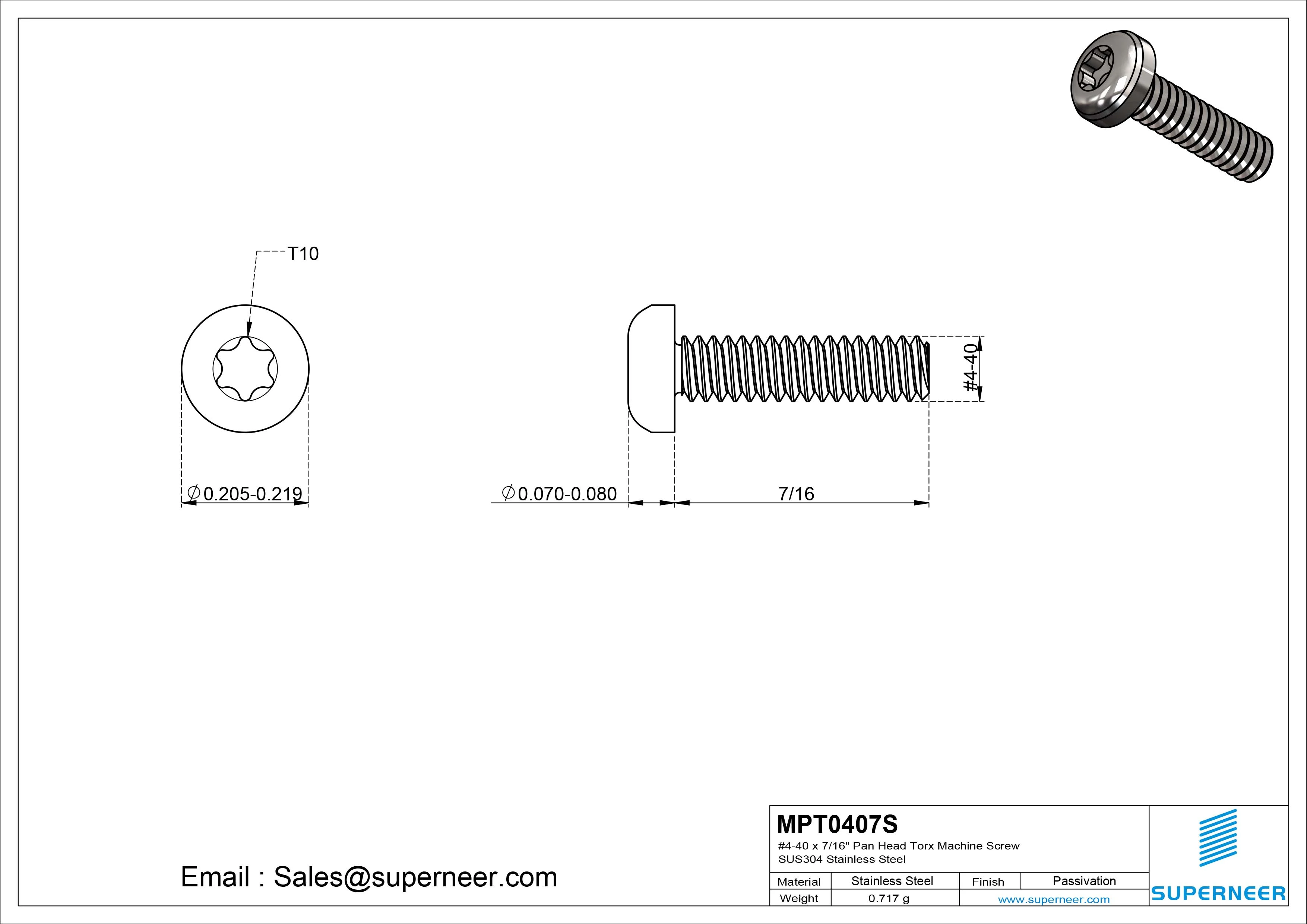4-40 x 7/16" Pan Head Torx Machine Screw SUS304 Stainless Steel Inox