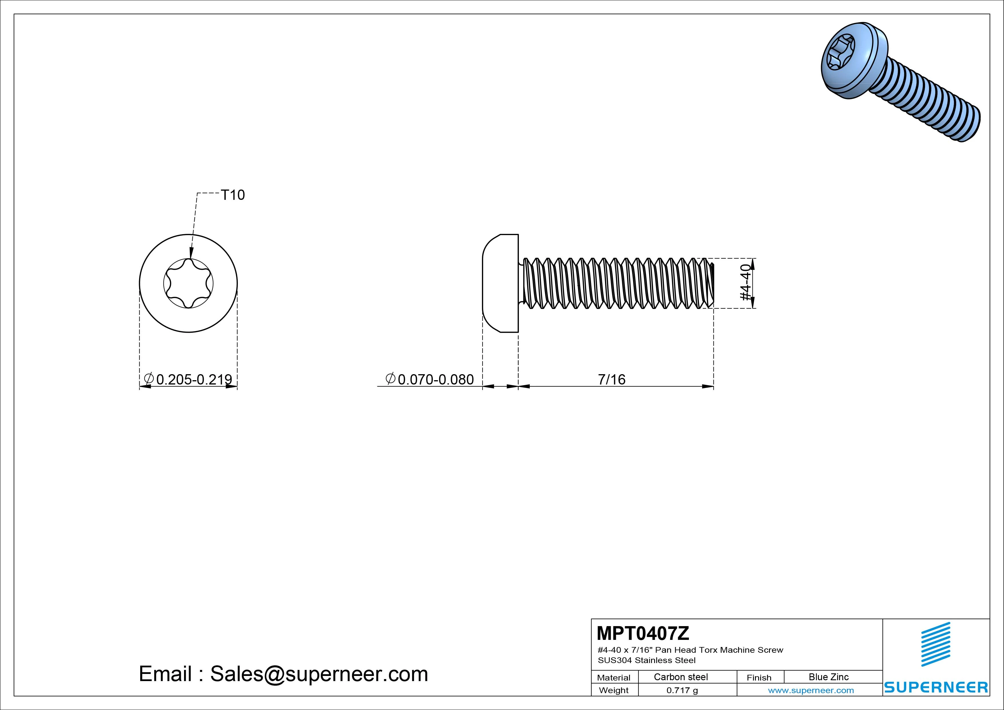 4-40 x 7/16" Pan Head Torx Machine Screw Steel Blue Zinc Plated