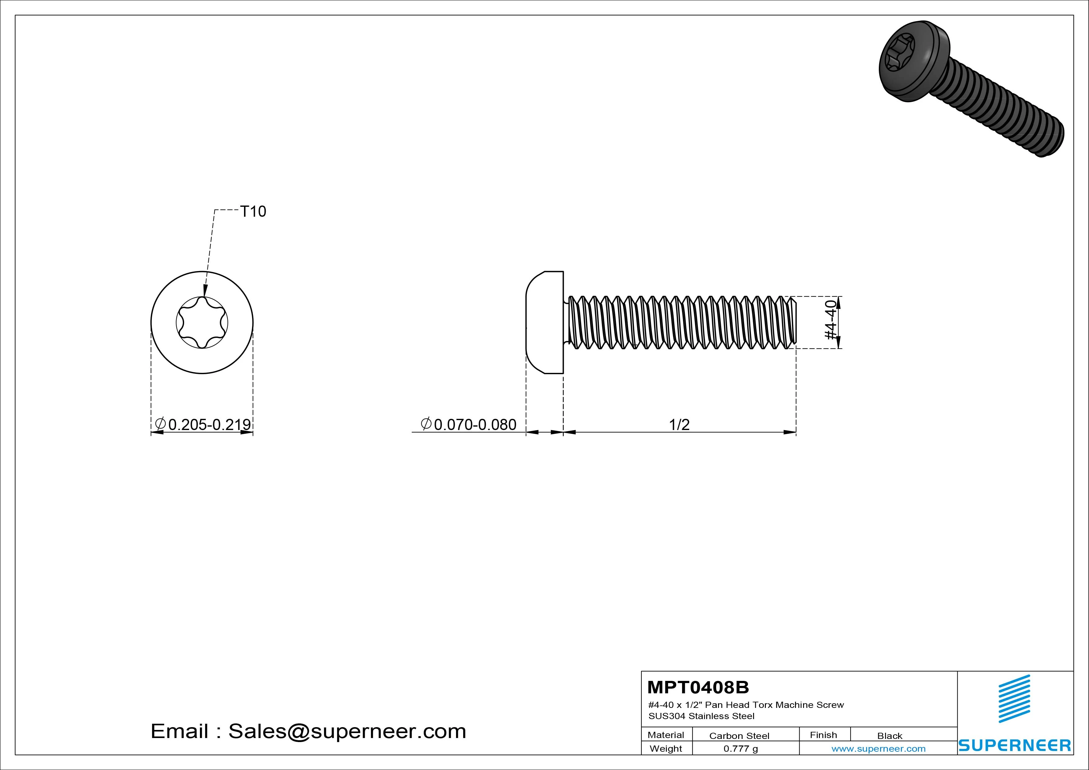 4-40 x 1/2" Pan Head Torx Machine Screw Steel Black