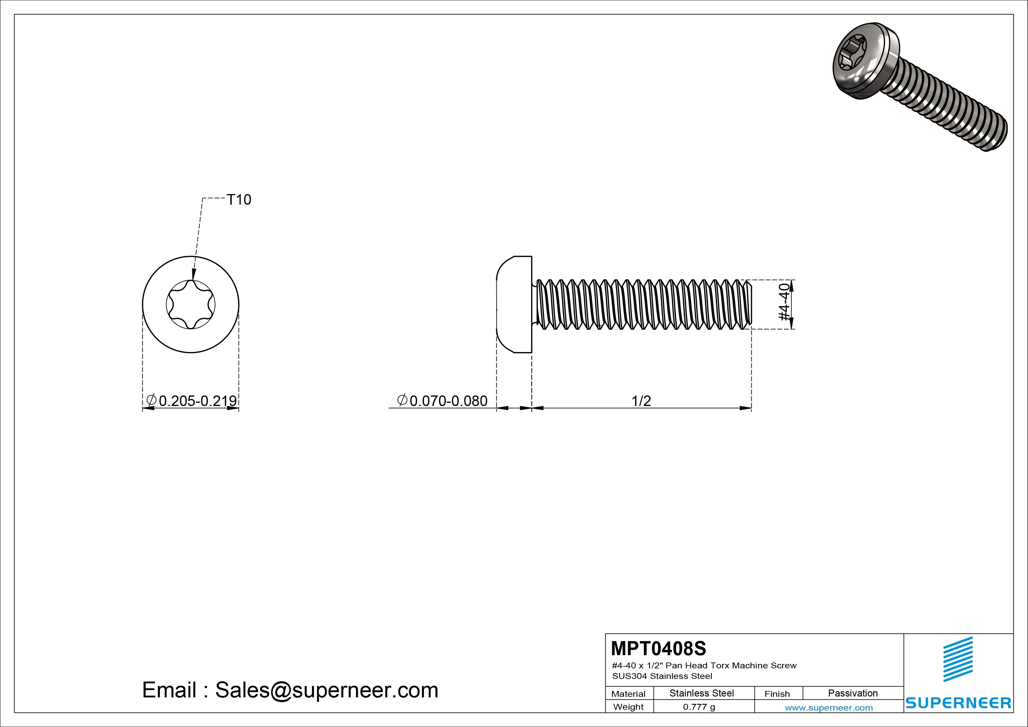4-40 x 1/2" Pan Head Torx Machine Screw SUS304 Stainless Steel Inox