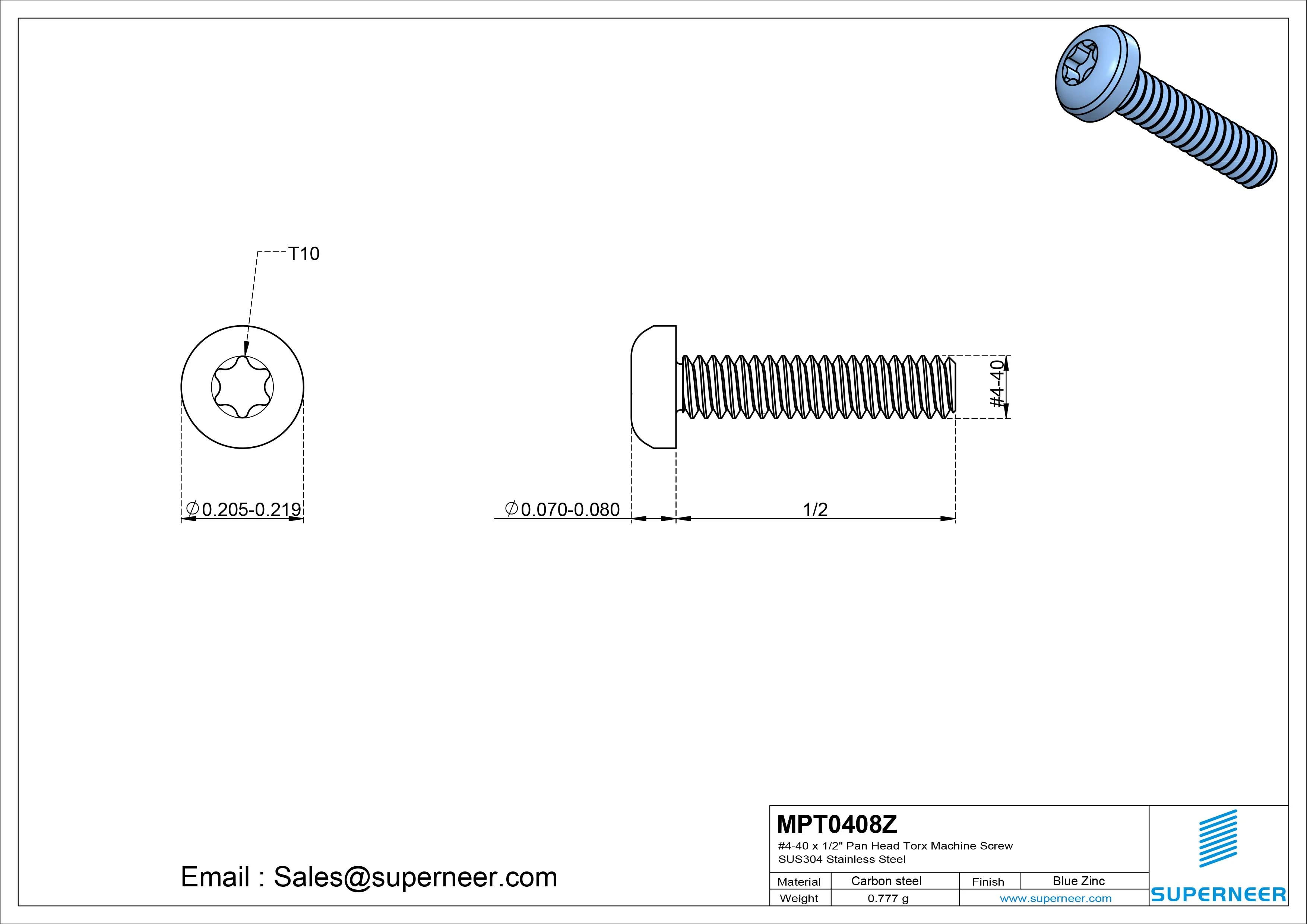 4-40 x 1/2" Pan Head Torx Machine Screw Steel Blue Zinc Plated