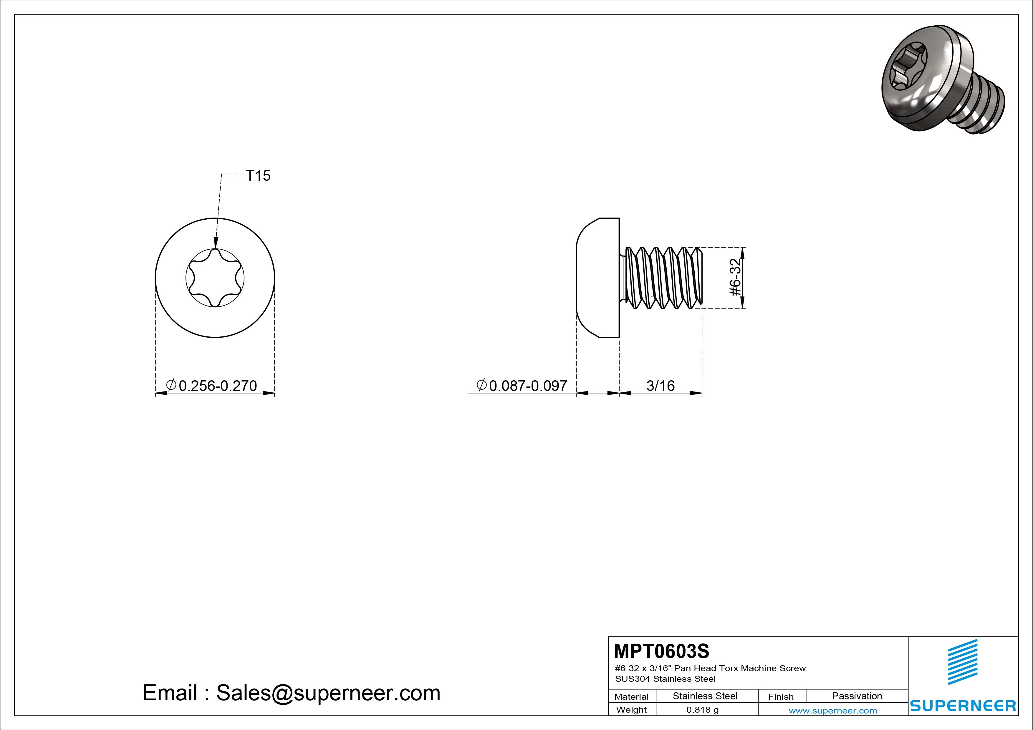6-32 x 3/16" Pan Head Torx Machine Screw SUS304 Stainless Steel Inox