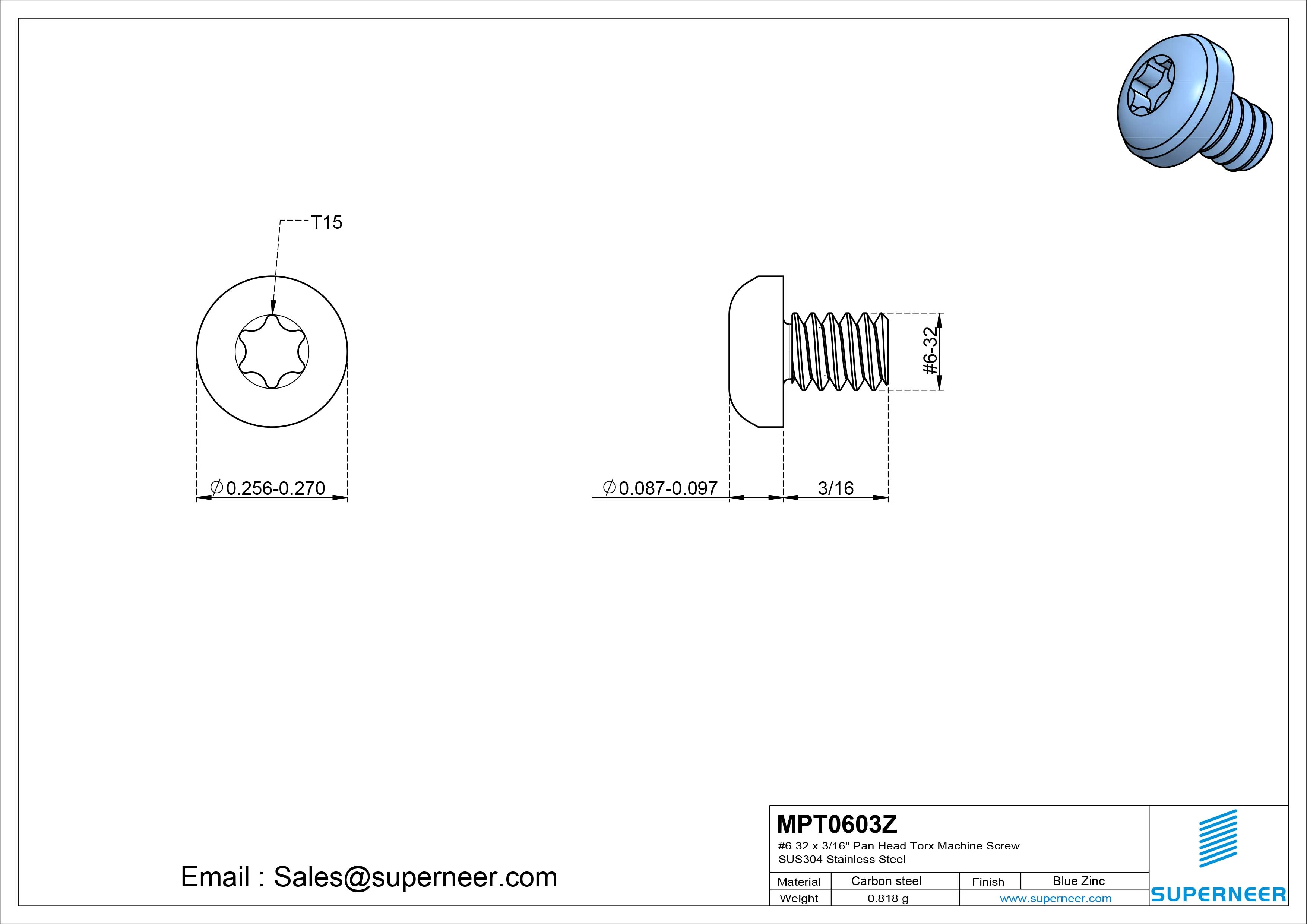 6-32 x 3/16" Pan Head Torx Machine Screw Steel Blue Zinc Plated