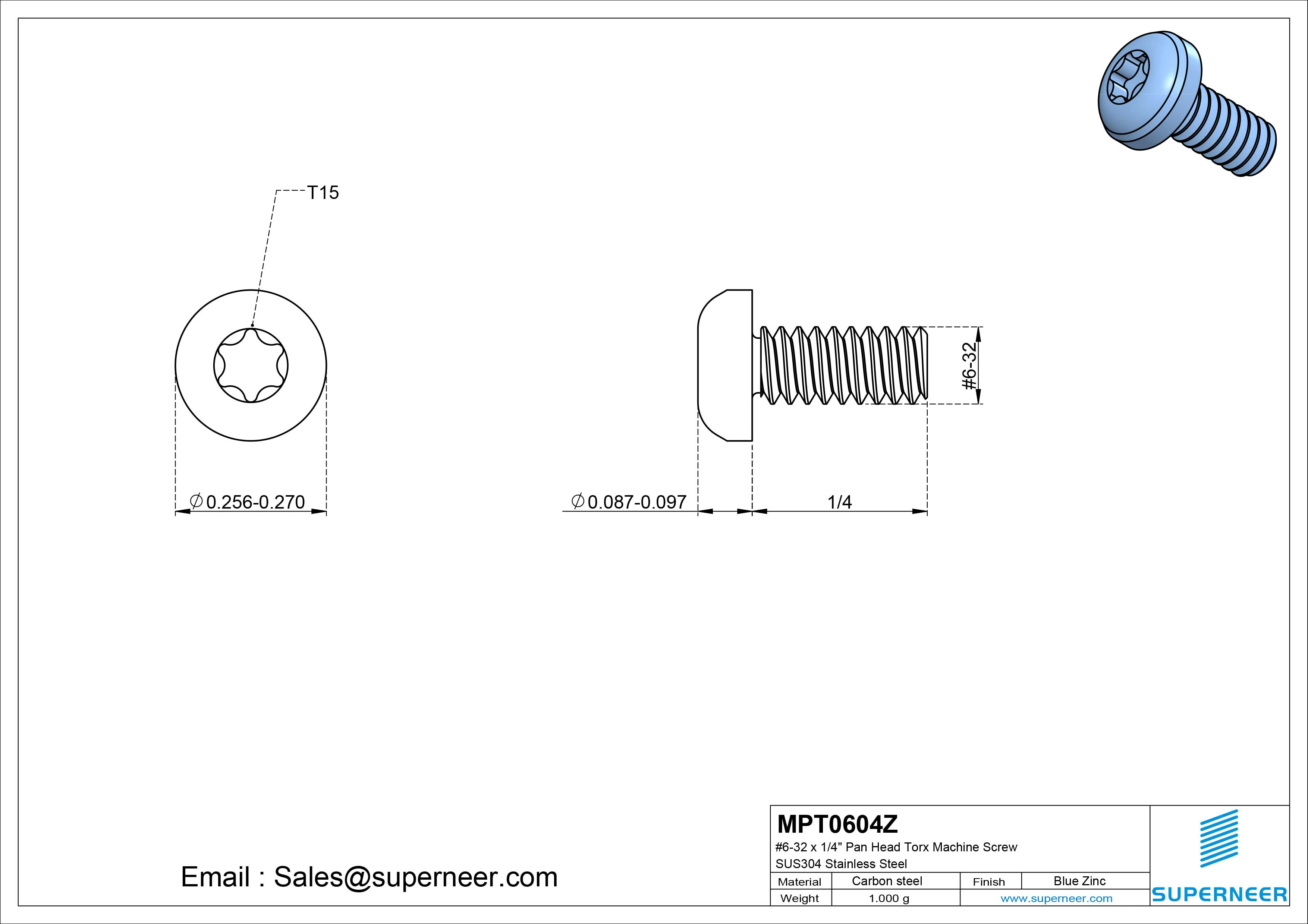 6-32 x 1/4" Pan Head Torx Machine Screw Steel Blue Zinc Plated