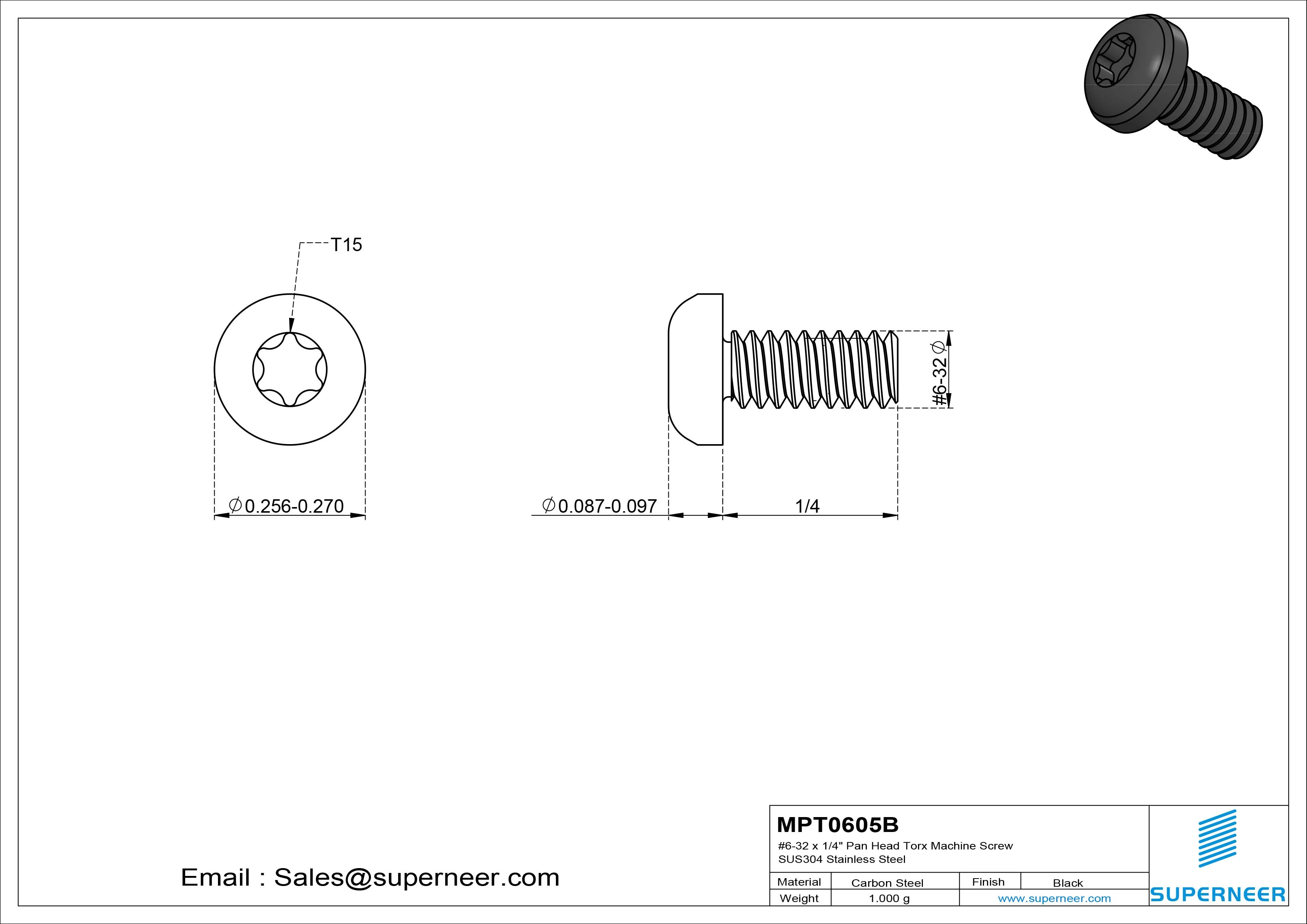 6-32 x 5/16" Pan Head Torx Machine Screw Steel Black