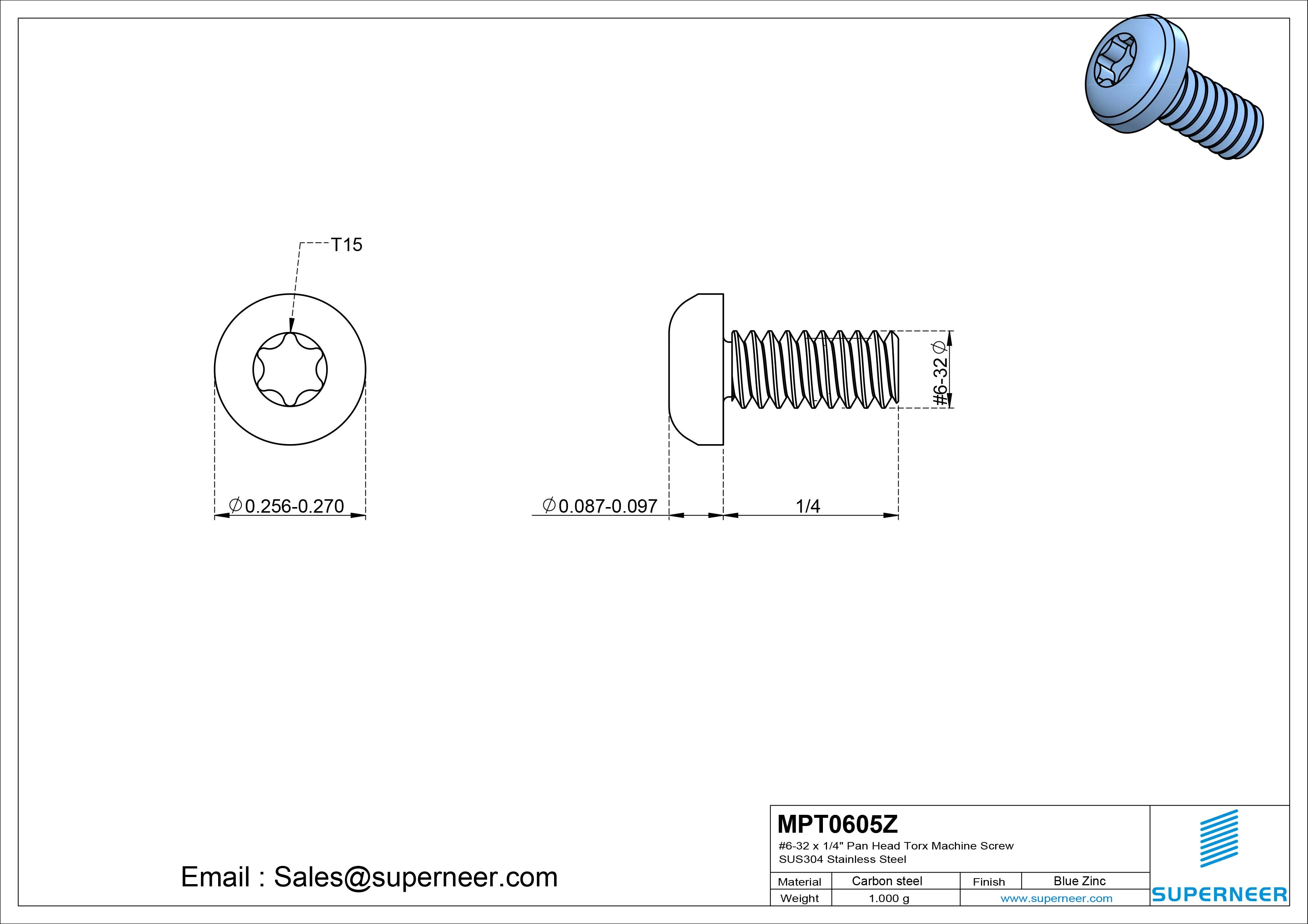 6-32 x 5/16" Pan Head Torx Machine Screw Steel Blue Zinc Plated