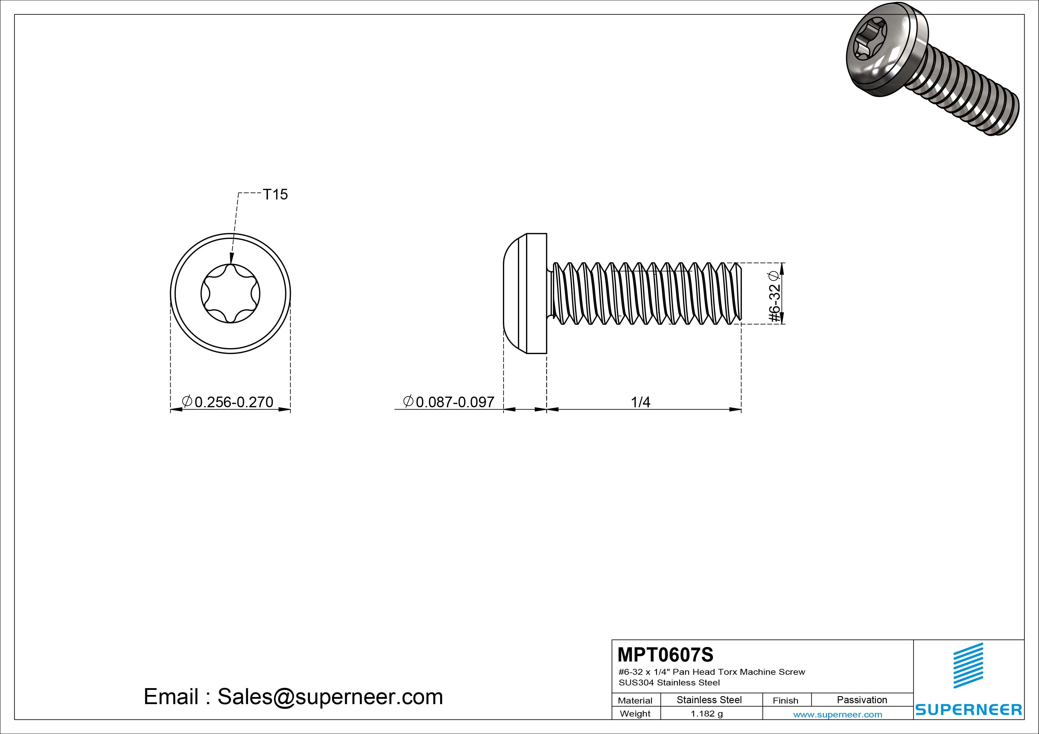 6-32 x 7/16" Pan Head Torx Machine Screw SUS304 Stainless Steel Inox