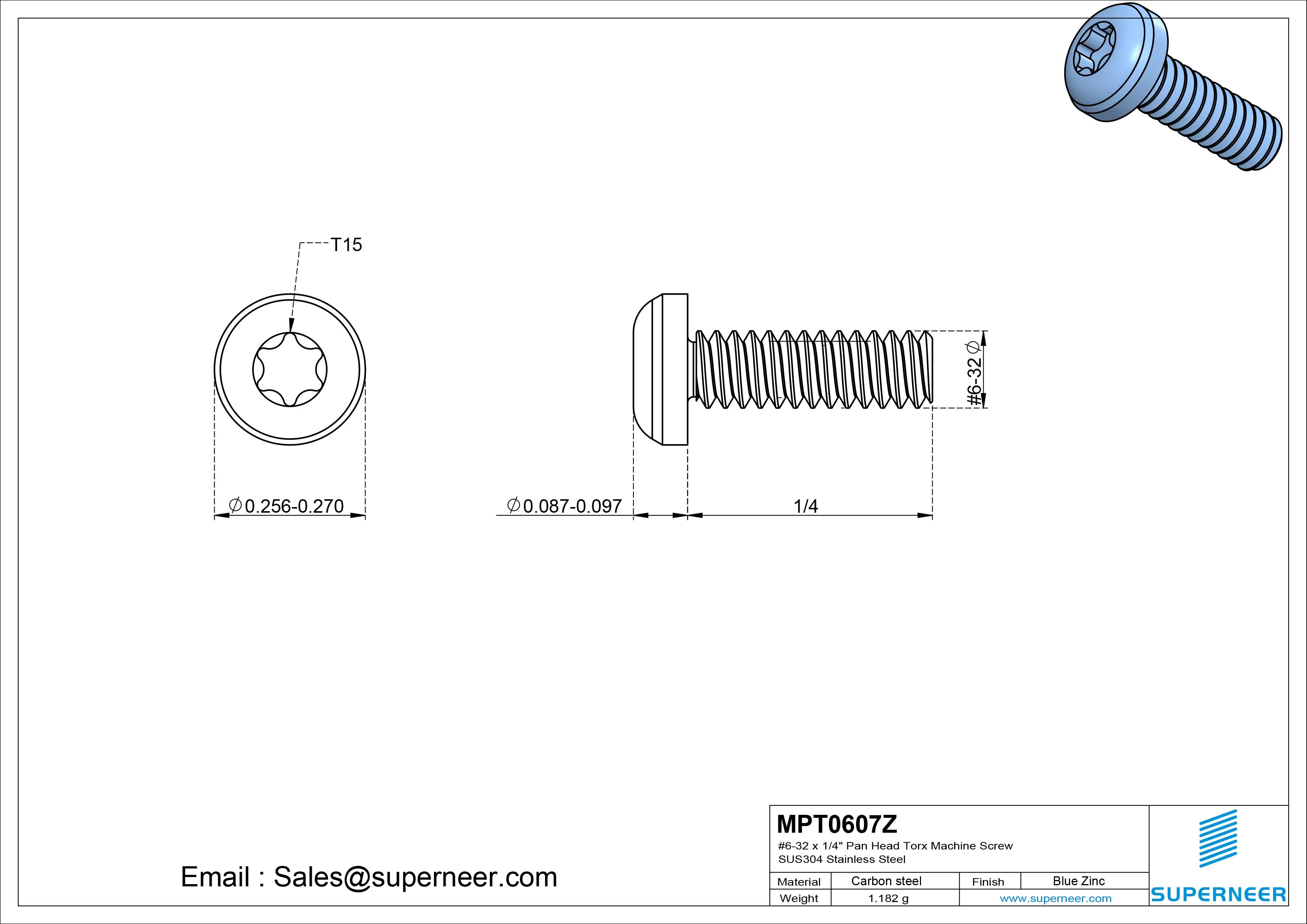 6-32 x 7/16" Pan Head Torx Machine Screw Steel Blue Zinc Plated